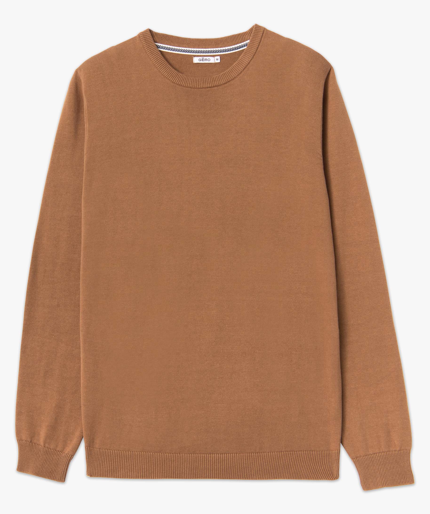 Pull homme à col rond en coton beige fonce | GEMO