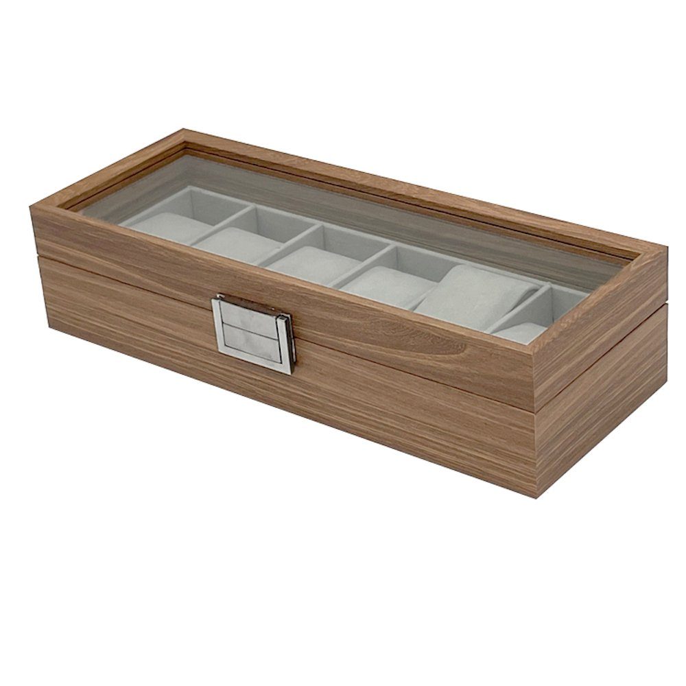 mixed24 Schmuckkasten Holz Uhrenkoffer für 6 Uhren Uhrenaufbewahrung Uhrenkasten Uhrenbox, Deckel aus Echtglas