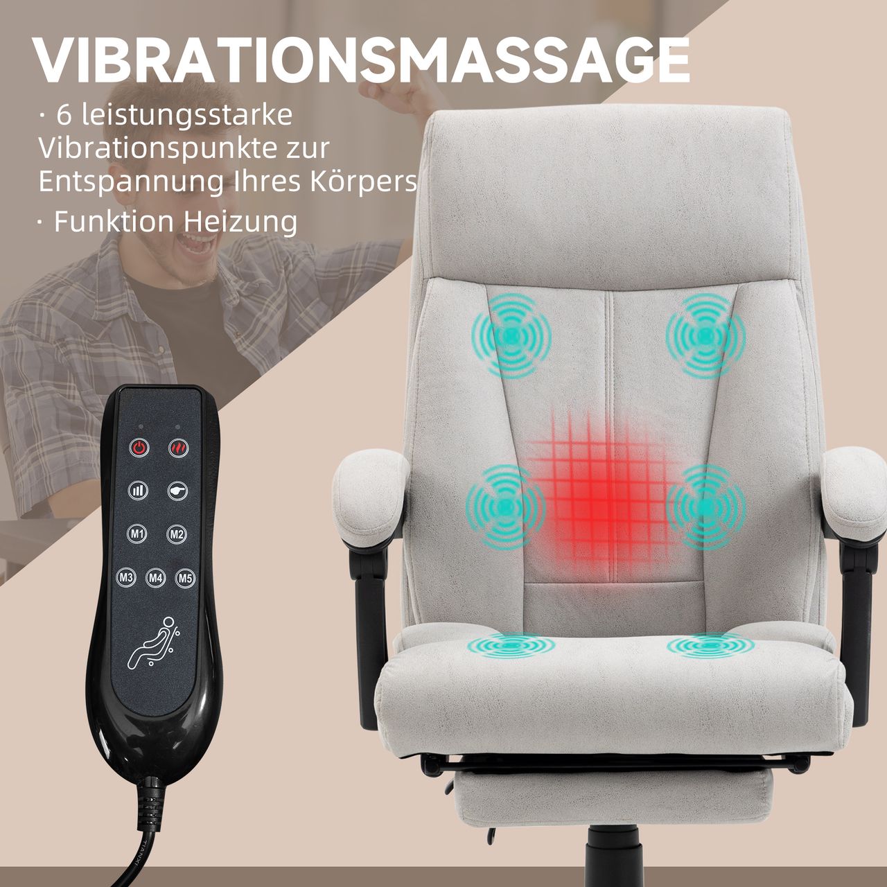 Vinsetto Massage-Bürostuhl, 111-119cm PC Stuhl mit Wippfunktion, Heizfunktion