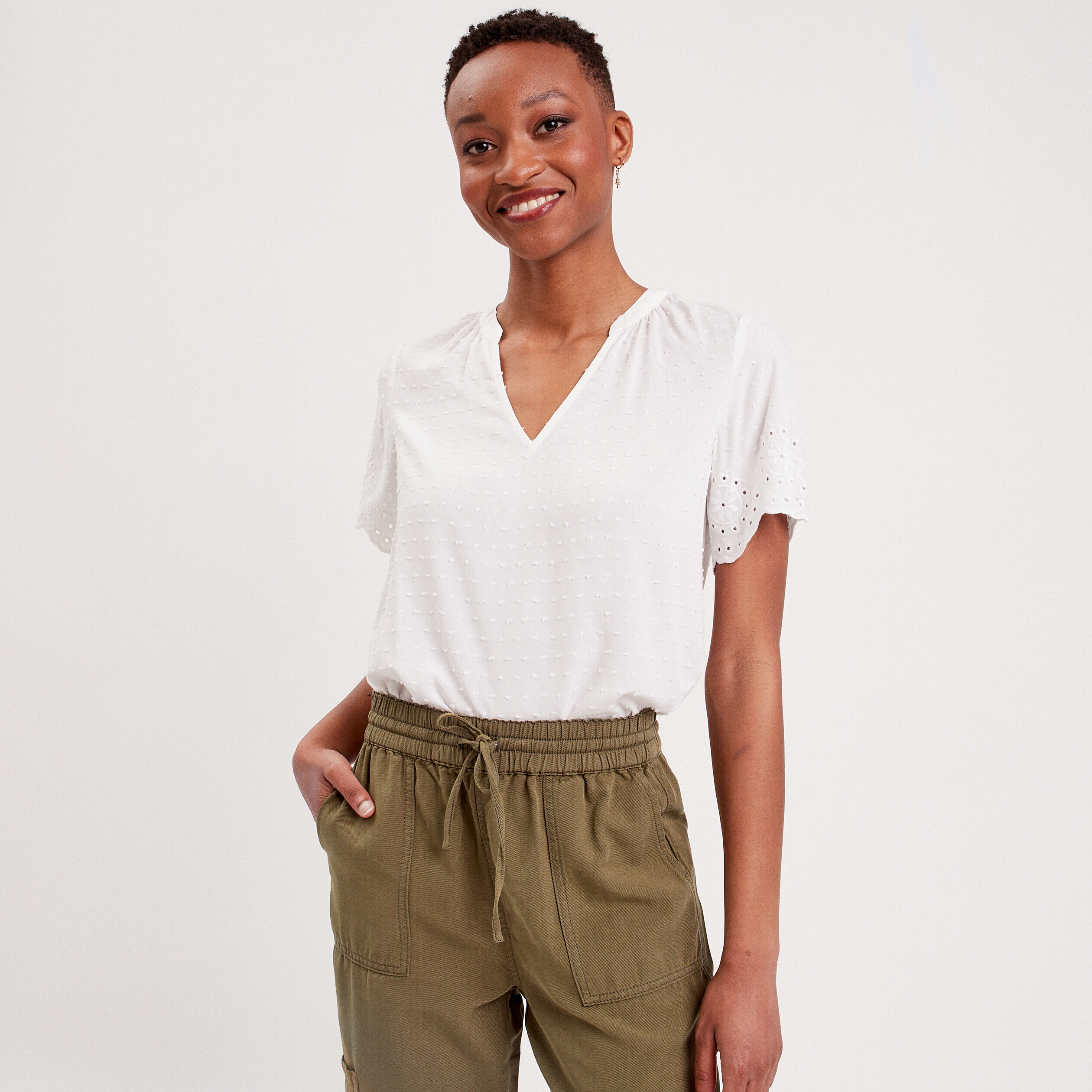 Blouse manches broderie blanc femme | Cache Cache