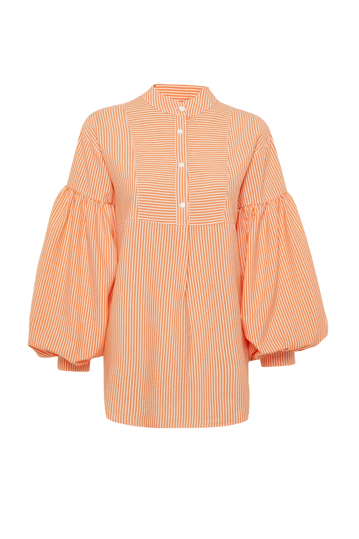 Trendyol Modest  Orangefarbene Seersucker-Webtunika mit Ballonärmeln TCTSS24UK00017