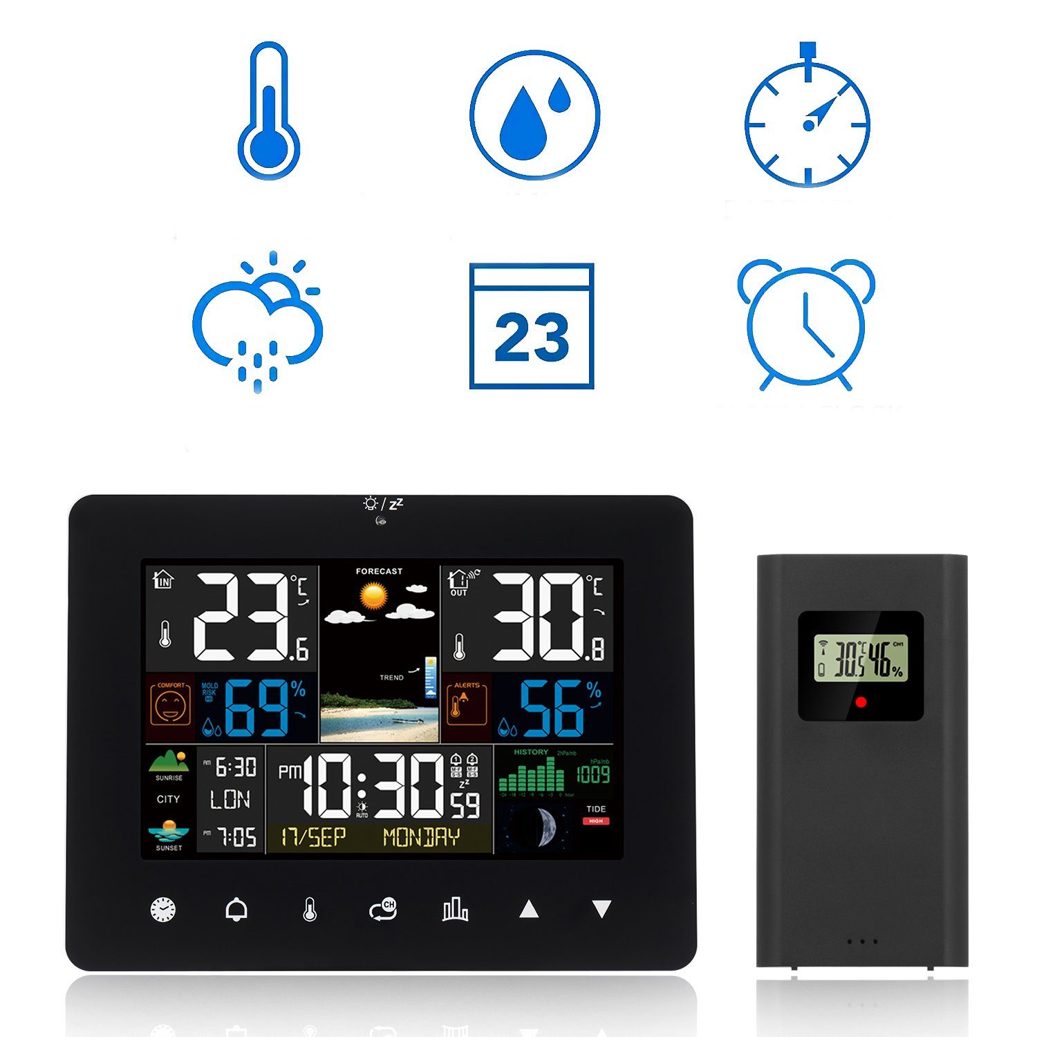 LETGOSPT Funkwetterstation mit Außensensor, Funk Wetterstationmit Kalender Funkwetterstation (Kalender Thermometer Hygrometer Farbdisplay)