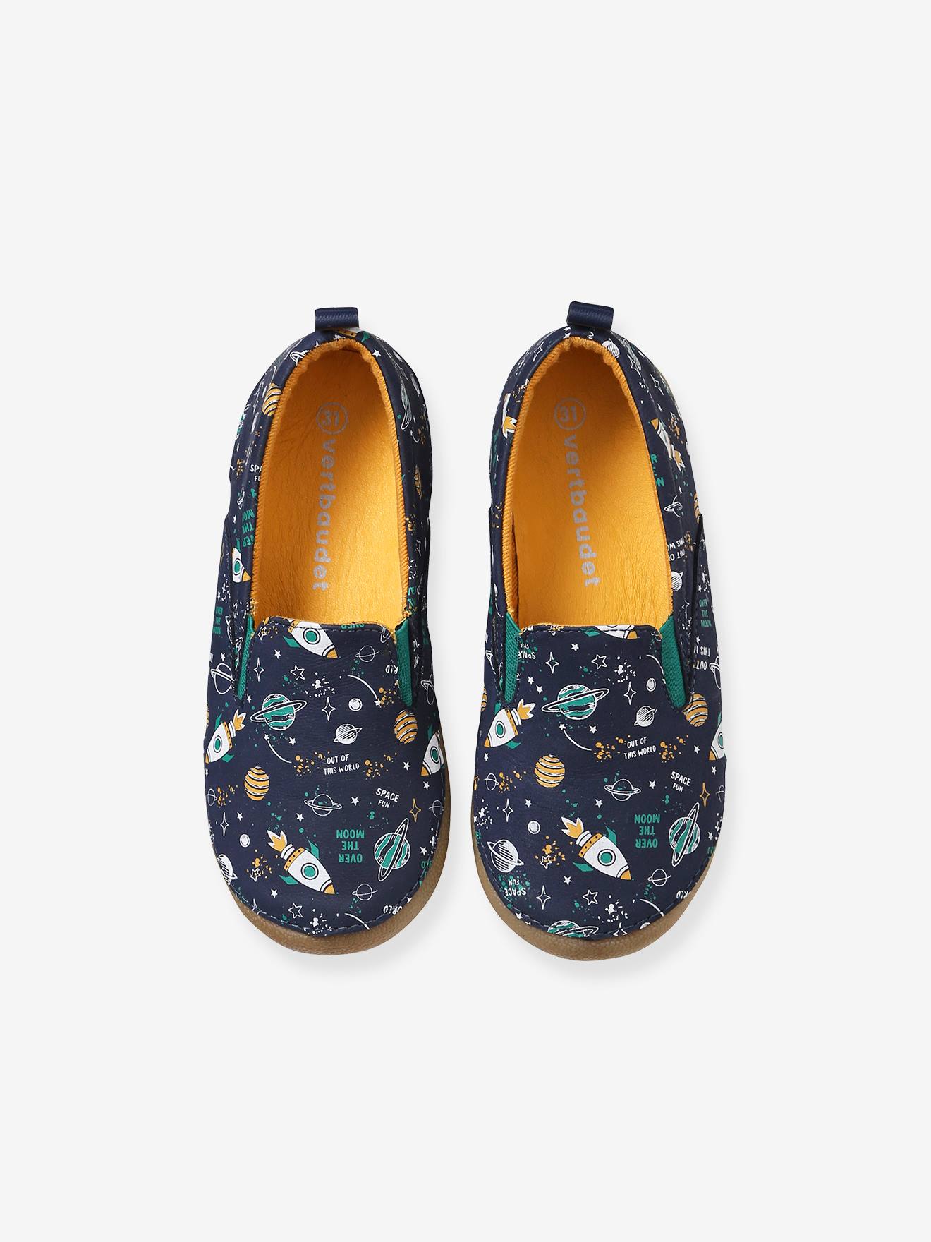 Chaussons élastiqués garçon en cuir marine imprimé