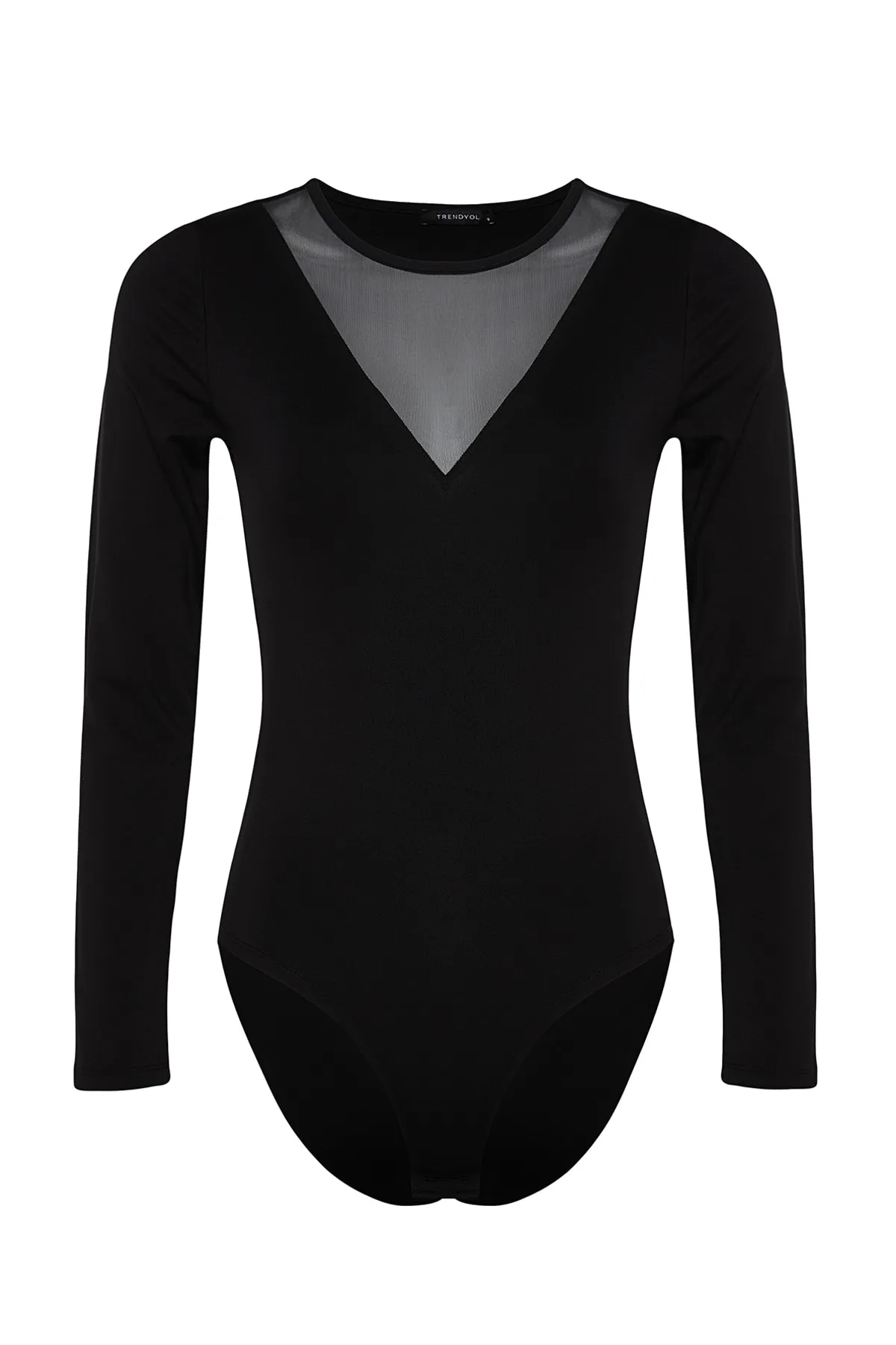 Trendyol Collection  Schwarzer, tief ausgeschnittener Stretch-Strickbody aus Tüll mit Rundhalsausschnitt und Druckknöpfen TWOAW24BD00012