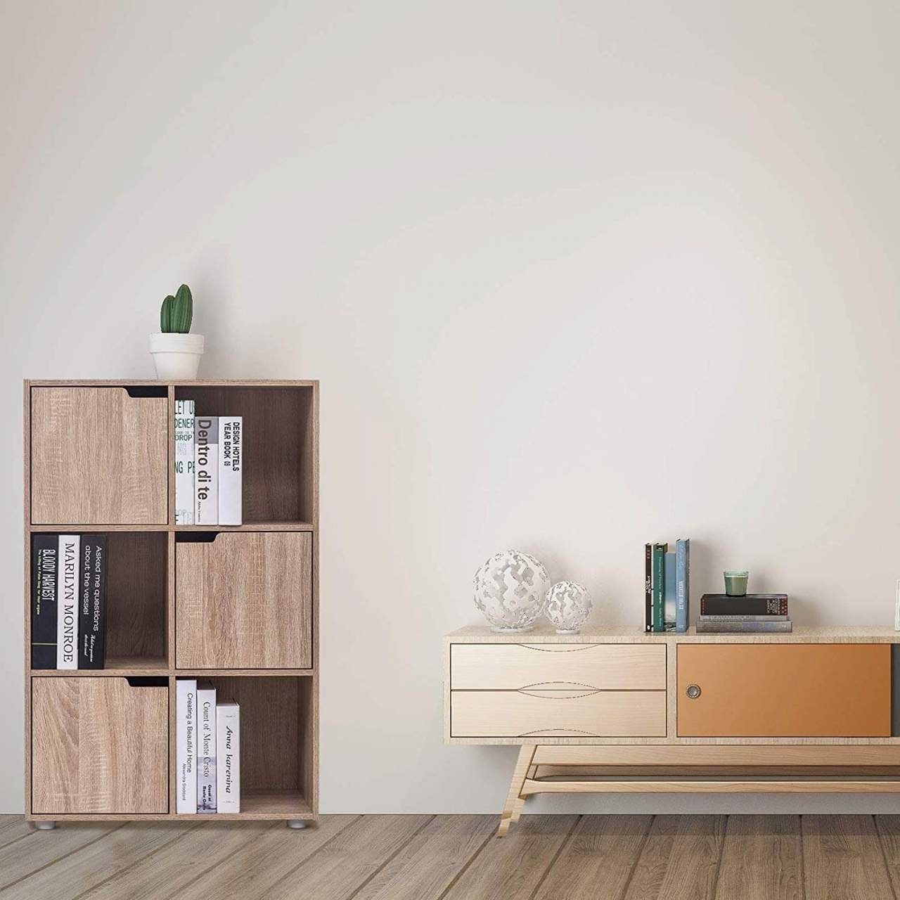 Woltu Bücherregal, 1-tlg., Standregal mit 3 Türen, MDF, 6 Fächer, 60x30x91cm