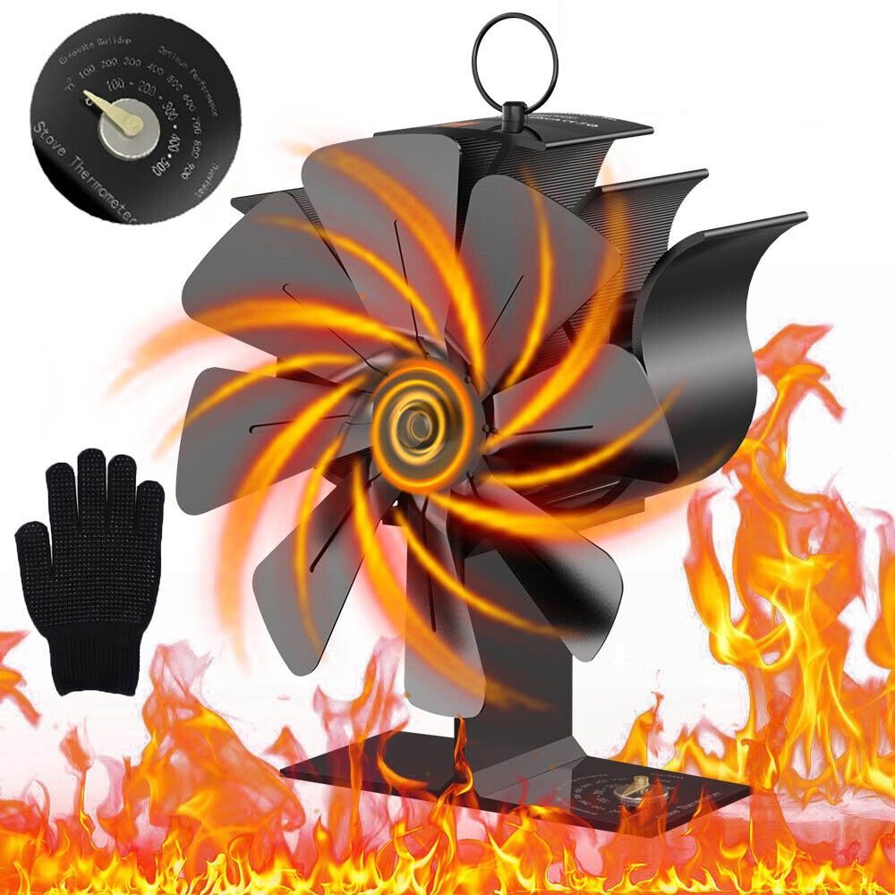 BlingBin Kaminventilator 8 Flügel Ofenventilator Kaminlüfter Stove Fan Gebläse Lüfter, Ohne Strom Mit Handschuhe