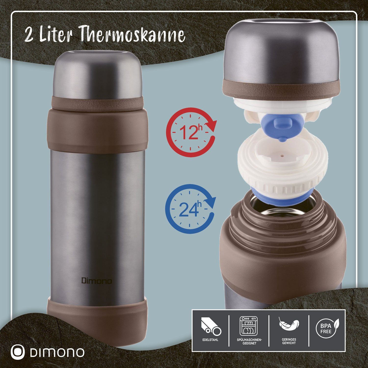 Dimono Thermoflasche Vakuum Isolierkanne XXL, 2 Liter Thermoskanne Isolierflasche