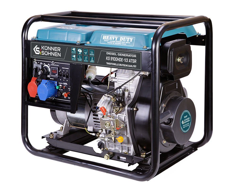 Könner & Söhnen Stromerzeuger KS 9100HDE-1/3 ATSR, 7,50 in kW, (18PS 4-Takt Dieselmotor, Kupfer, E-Start, Vorwärmer, AVR, 1-tlg., Anzeige (Volt, Hz), 7500/6000 Watt, 1x16A (400V)/ 1x32A (230V), für privaten und gewerblichen Gebrauch