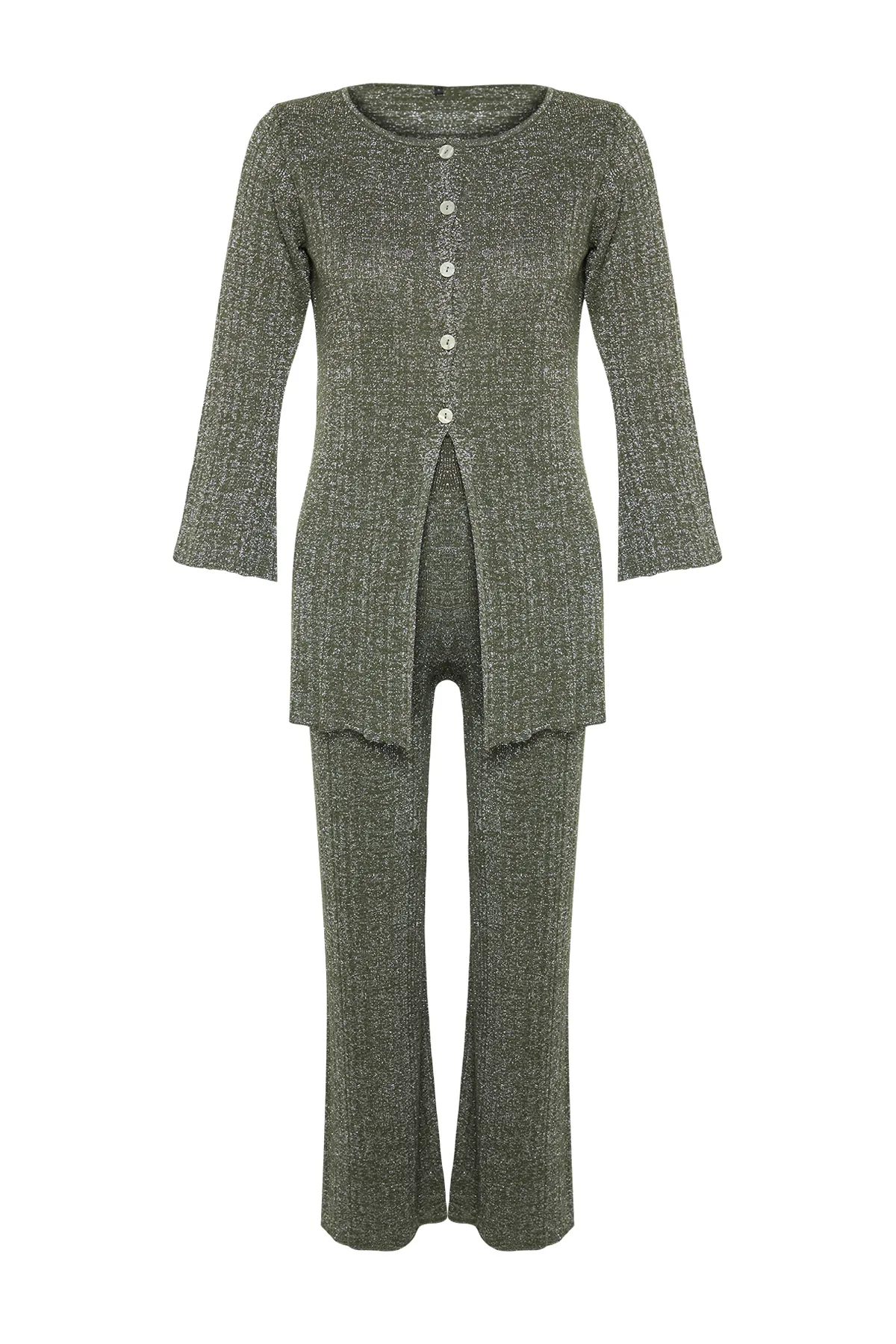 Trendyol Collection  Khakifarbenes Glitzer-Cardigan-Hosen-Set aus Strickoberteil und -unterteil TWOSS24AU00007