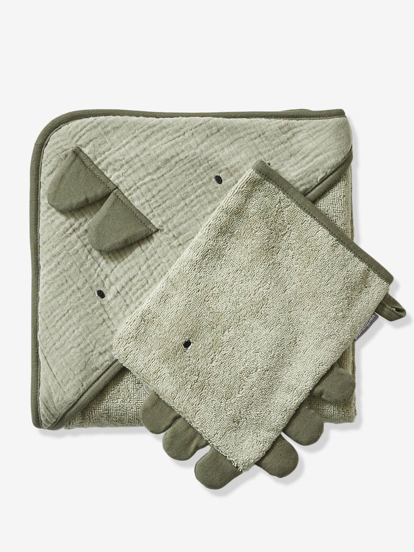 Vertbaudet Baby Kapuzenbadetuch & Waschhandschuh KLEINER DINO Oeko Tex - blau