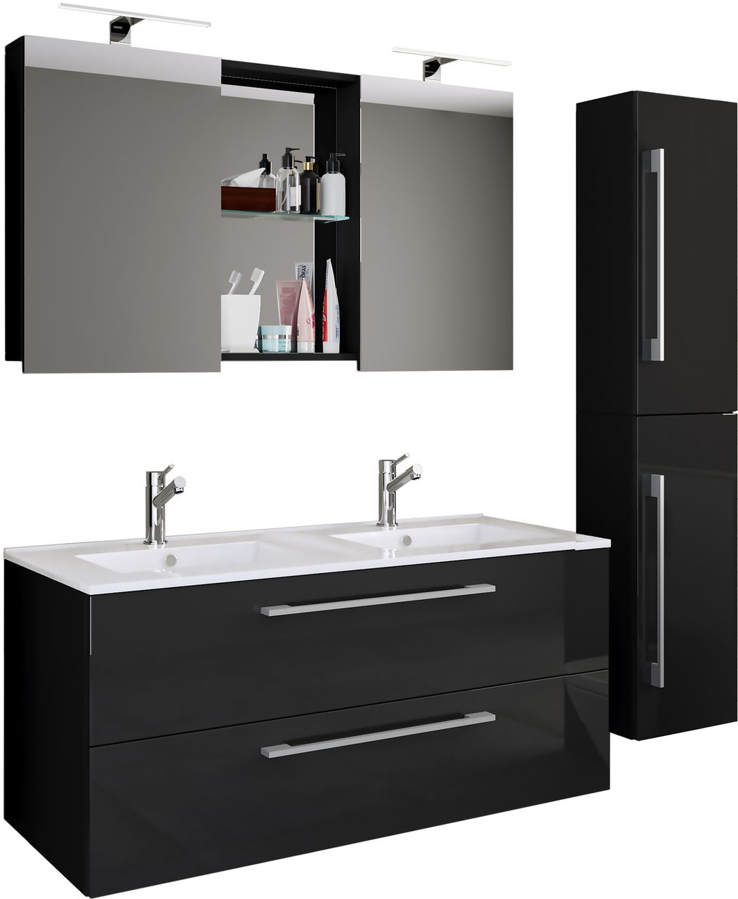 VCM 4-tlg. Waschplatz Budasi Spiegelschrank mit Hochschrank Schwarz
