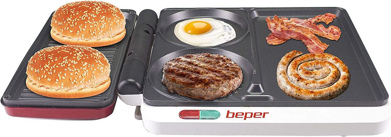 beper Beper P101CUD500 Multifunktionsgrill in Rot mit Antihaft-Beschichtung & 4 Kochflächen