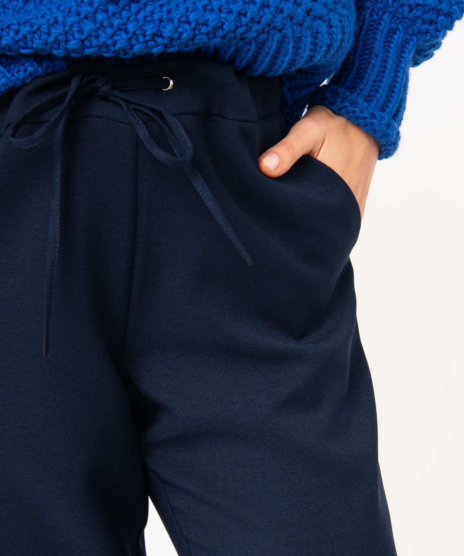 Pantalon en toile coupe ample avec taille élastique femme marine | GEMO