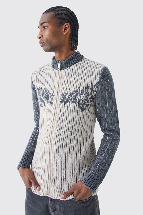 Zweifarbiger gerippter Muscle-Fit Pullover