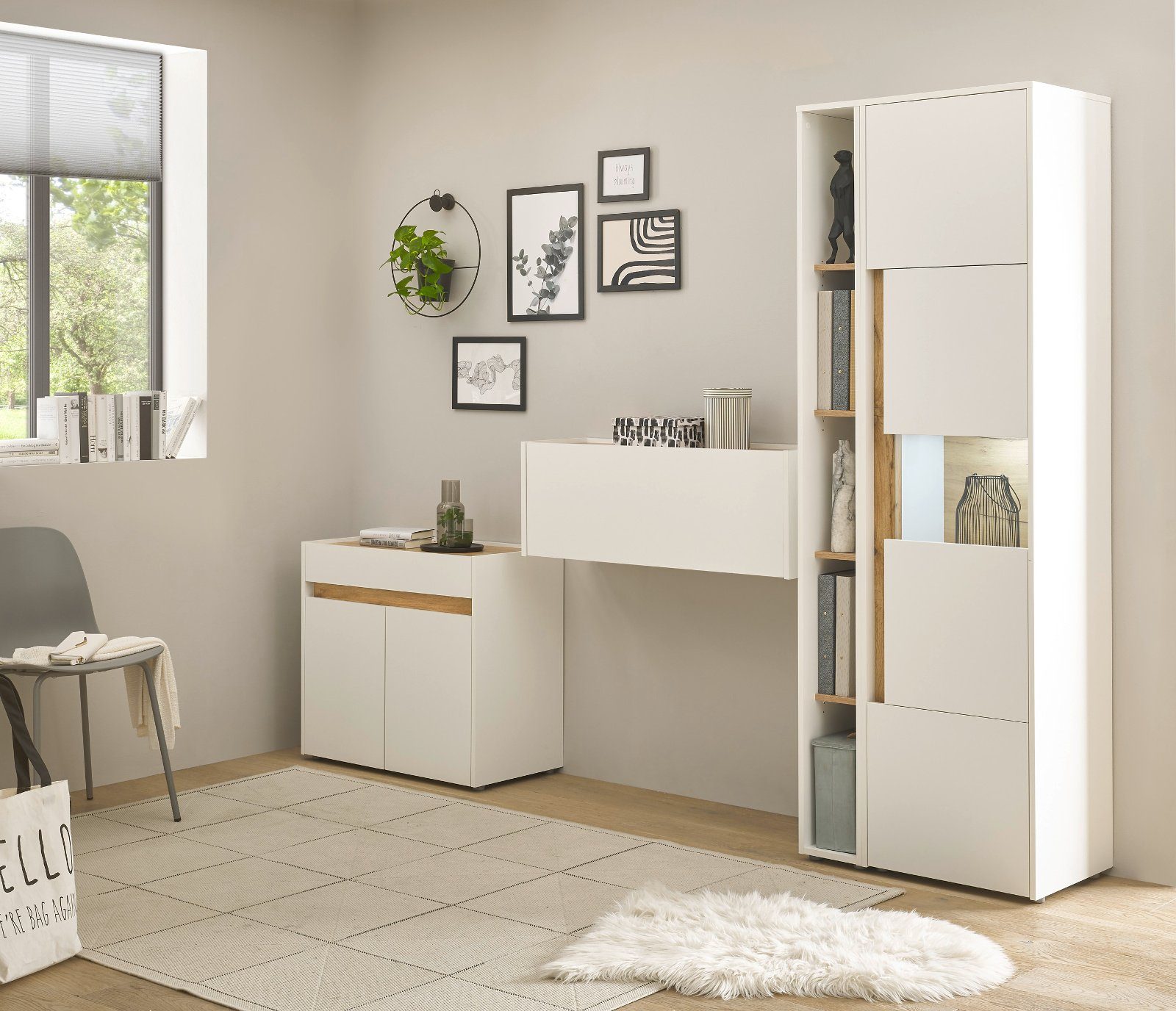 Furn.Design Mehrzweckschrank-Set Center, (Homeoffice Wohnwand in weiß mit Wotan Eiche, 4-teilig, 270 x 200 cm), integrierter Sekretär