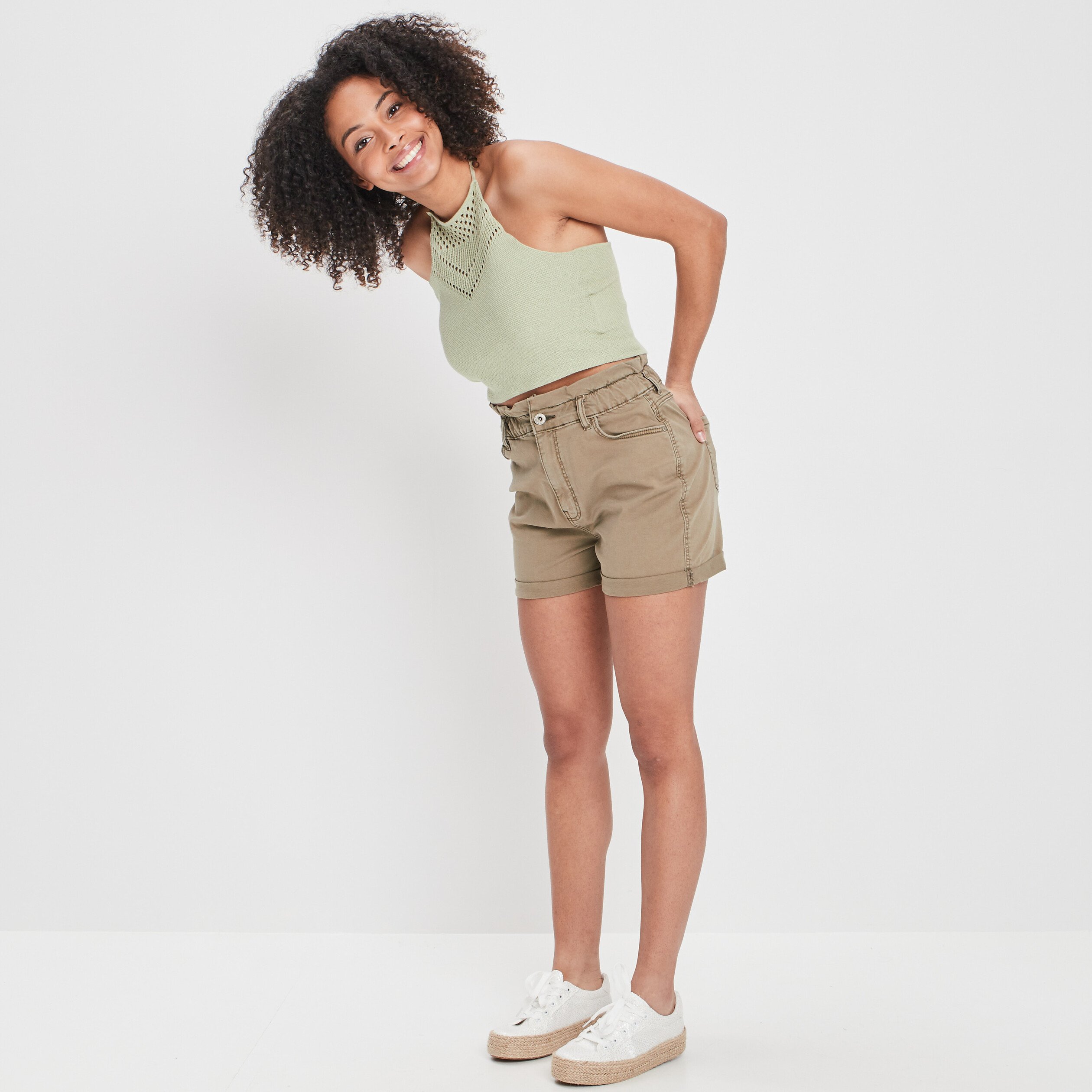 Débardeur cropped crochet vert kaki femme | La Halle
