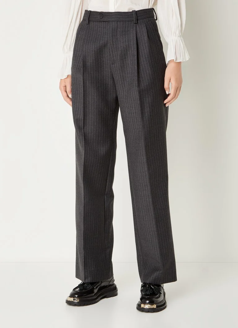 Pantaloni cu talie înaltă, lați, cu dungi, din lână, model Sandro Kelina.