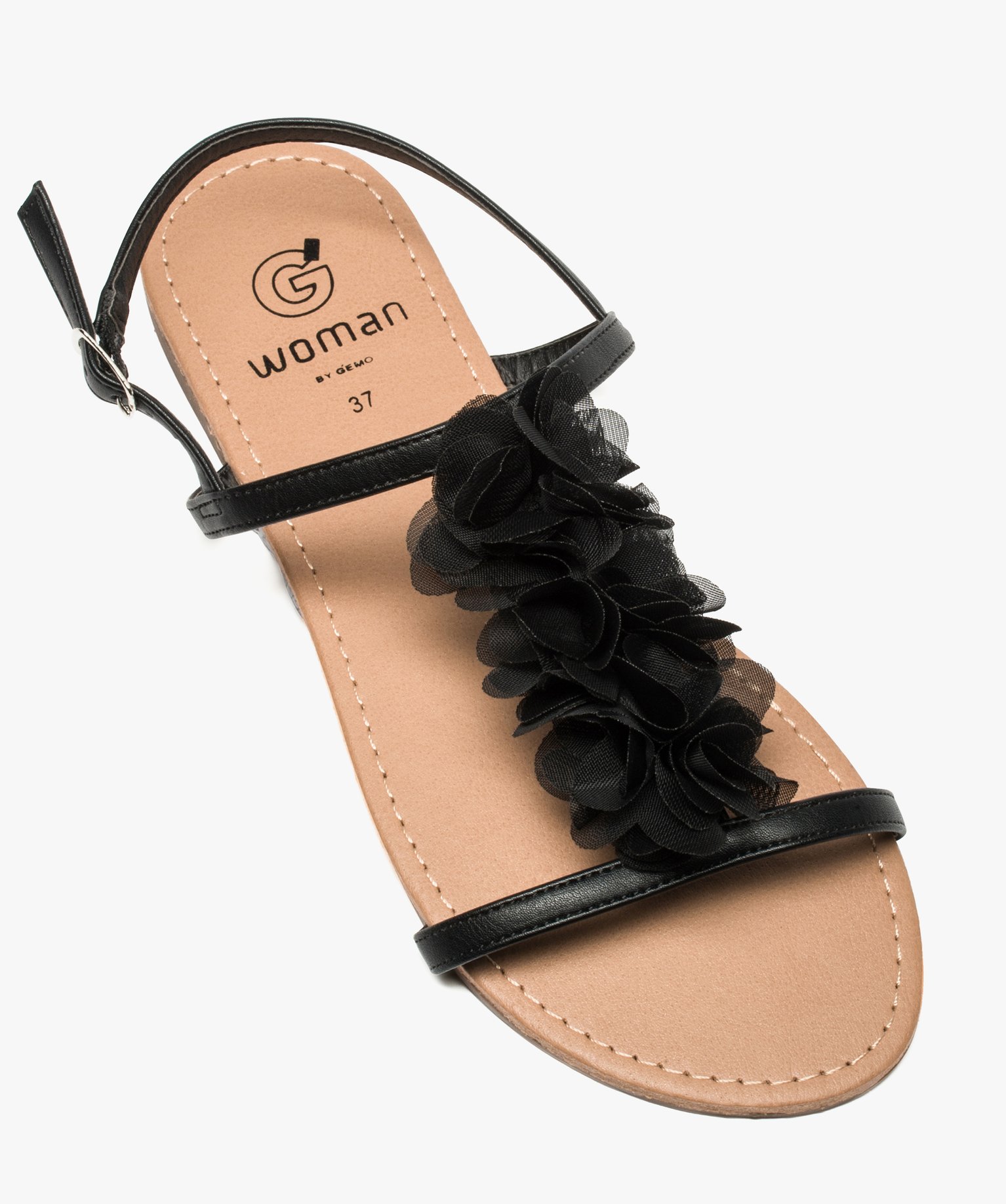 Sandales femme à talon plat ornées de fleurs en tissu noir | GEMO