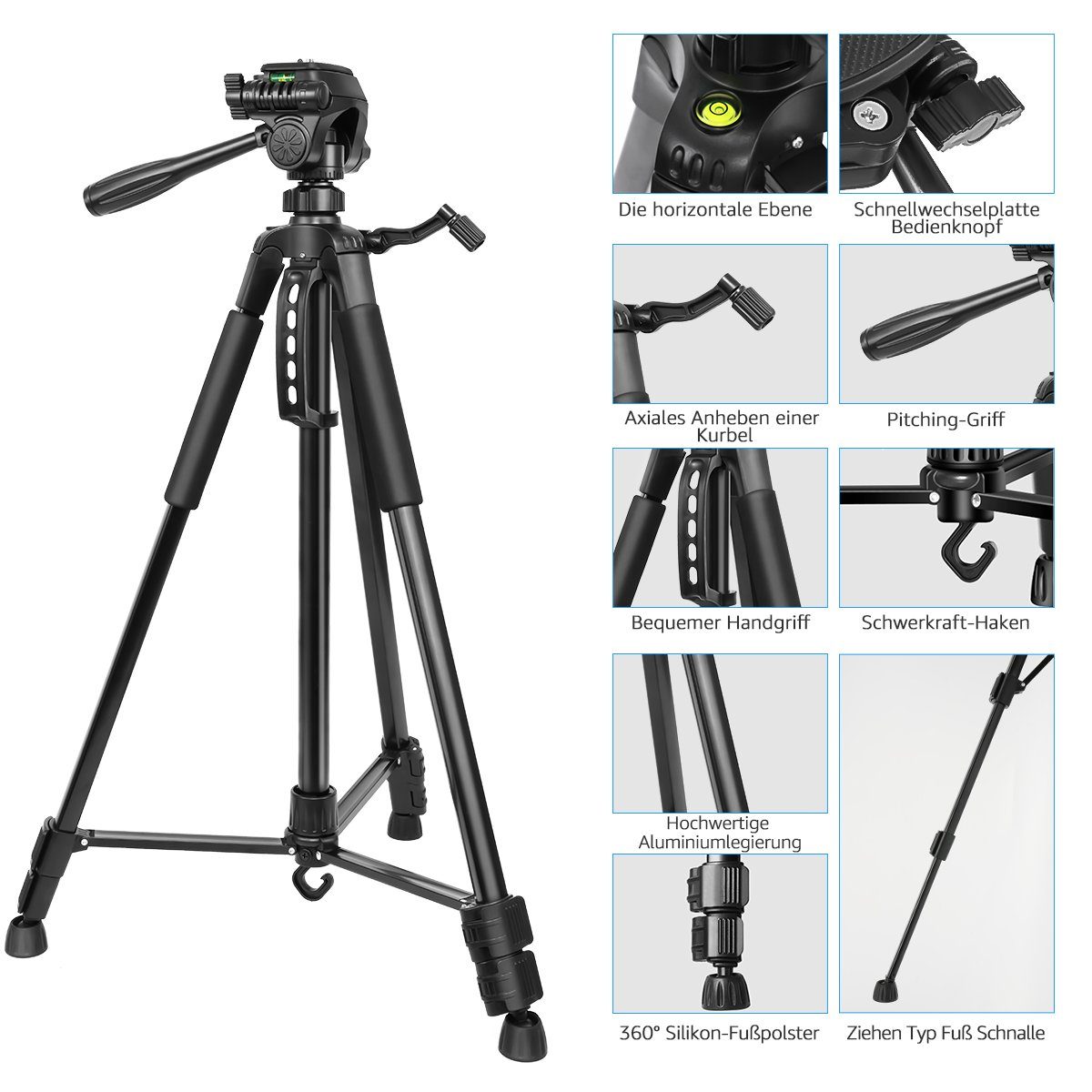 7Magic Neues Kamera Handy Stativ, 168cm Aluminium Leichte Dreibeinstativ Dreibeinstativ (Tragbares Smartphone Stativ Fotostativ)