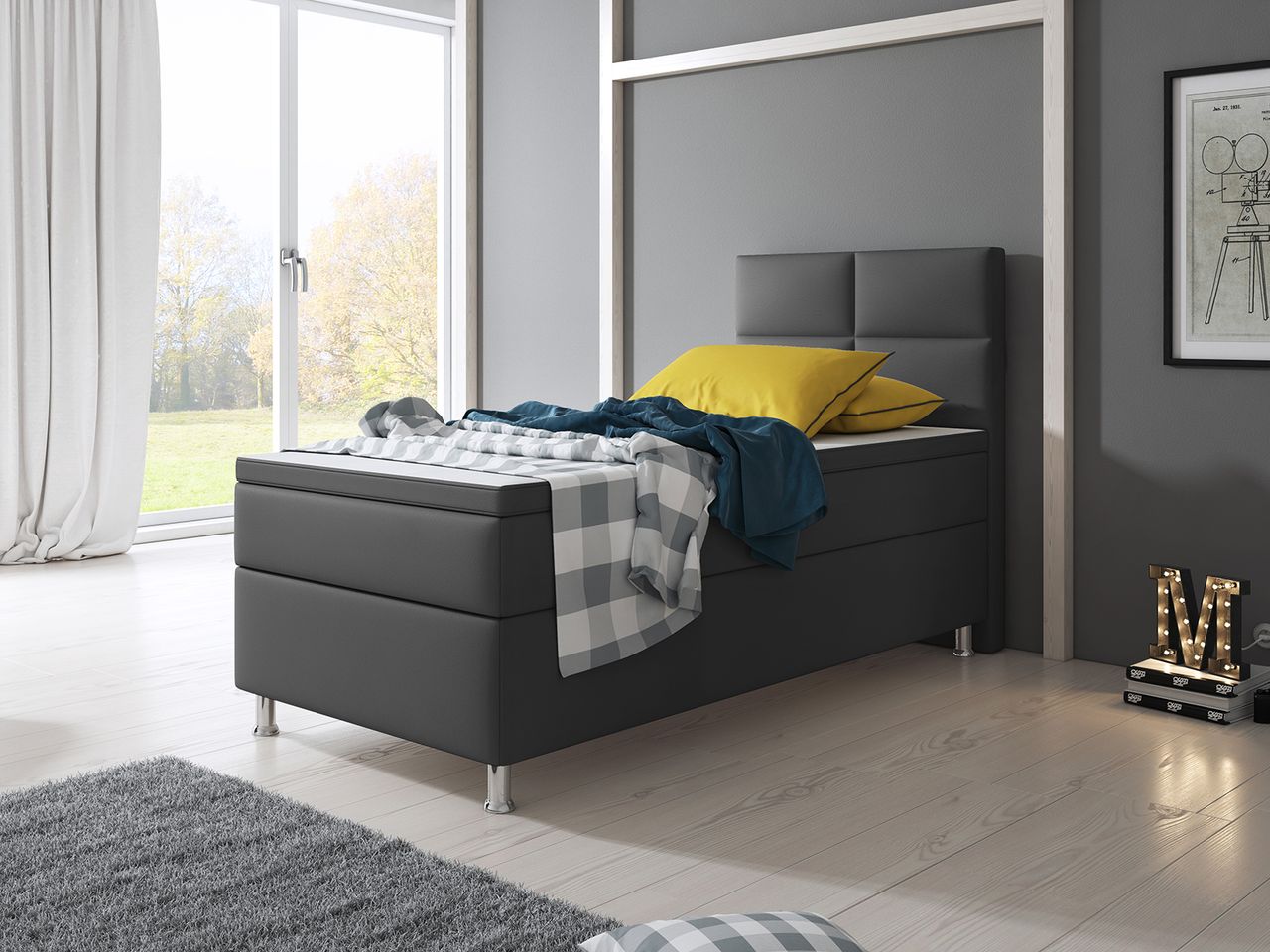 IHG Boxspringbett Miami 90x200 cm Kunstleder Anthrazit
