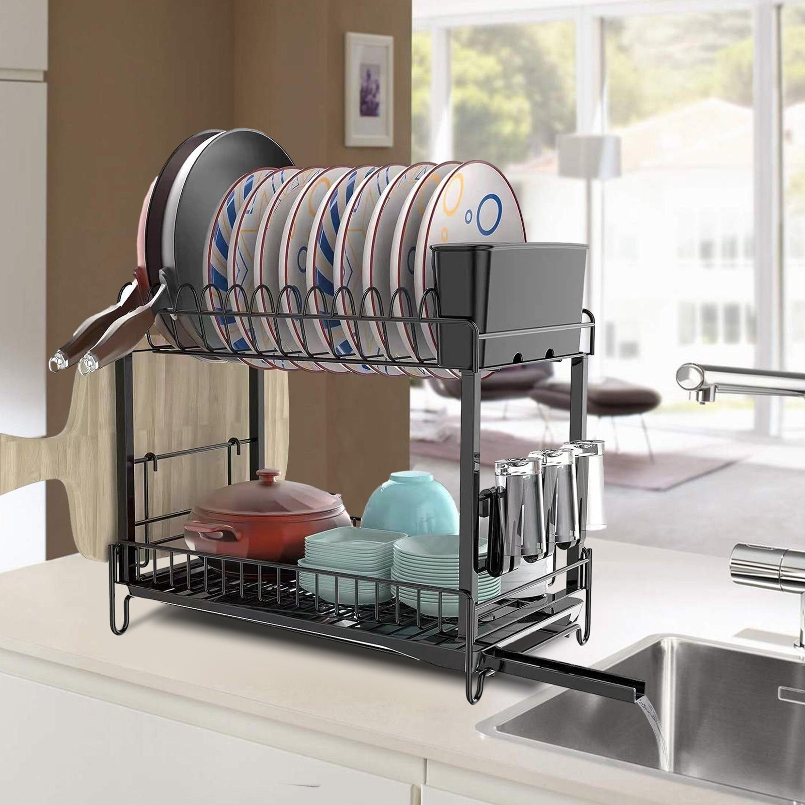 CALIYO Geschirrständer Abtropfgestell Geschirr, 2-stufiges Geschirrabtropfgestell Edelstahl, Geschirr Abtropfständer Abtropfgitter, Dish Drying Rack Drainer