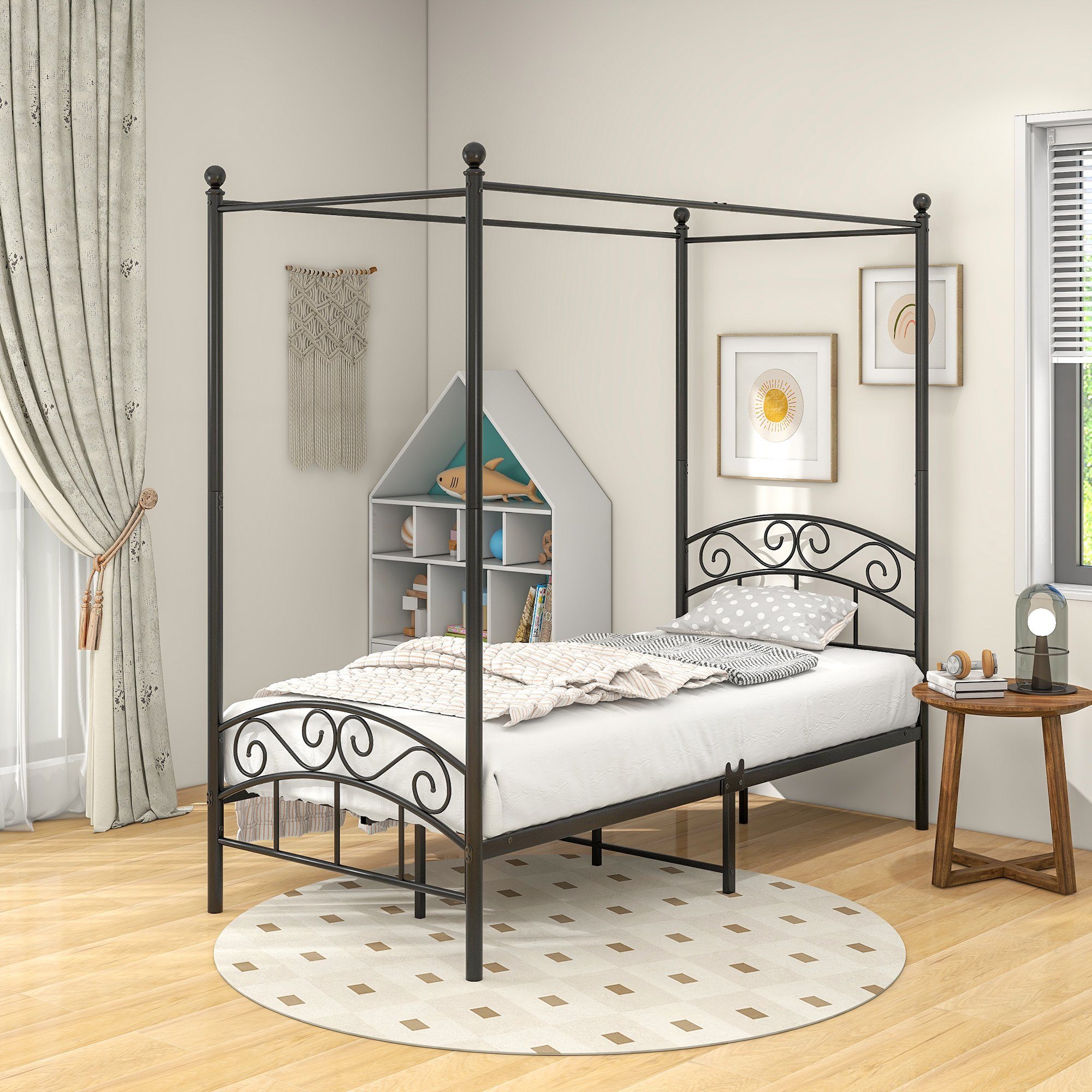 OKWISH Metallbett Einzelbett, Himmelbett-Gestell Metall Himmelbett Eisenbett (Schlafzimmerbett Bettrahmen 90x190cm, mit Himmel Metallbett Klassisch Design), Ohne Matratze