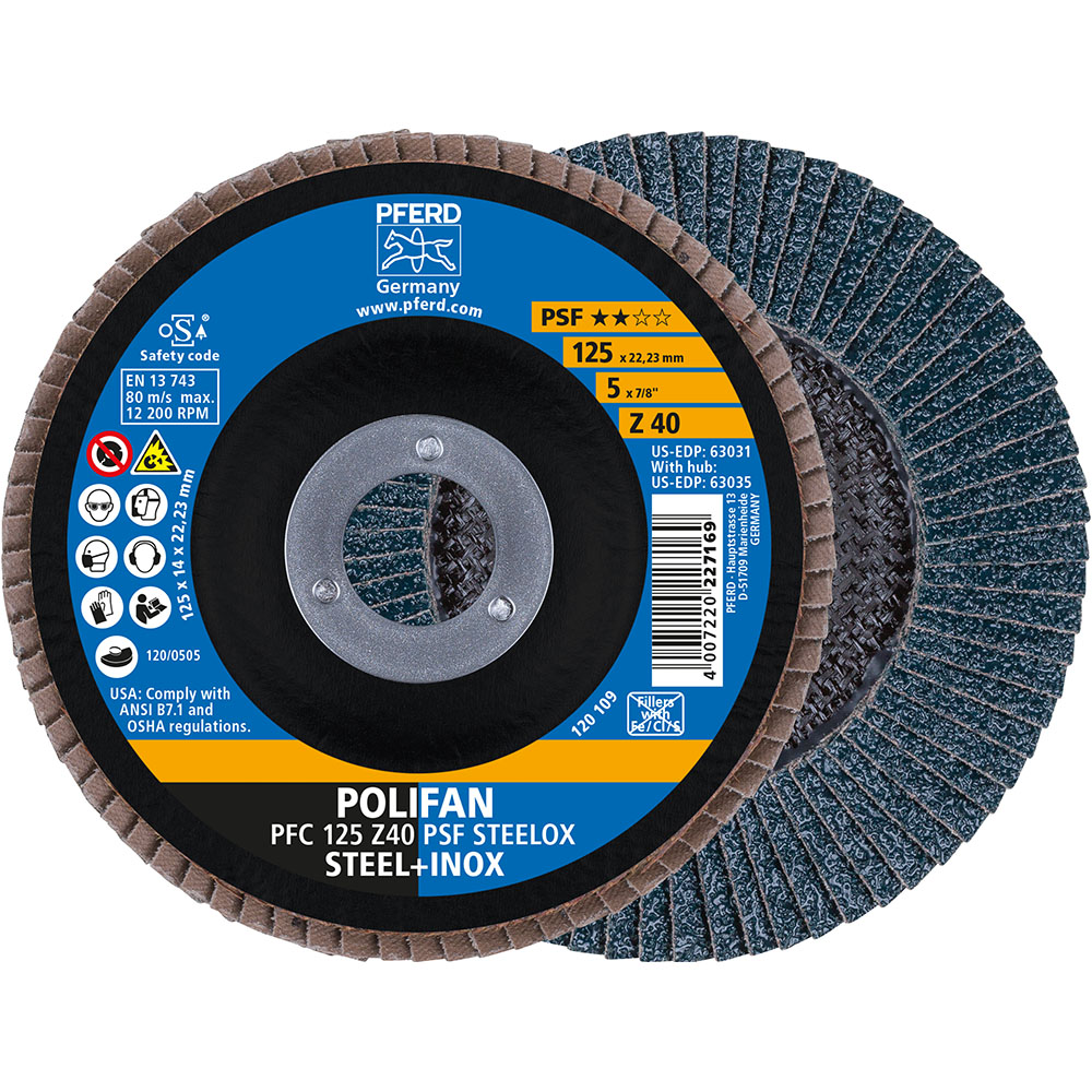 Pferd 67764125 POLIFAN lapelinis šlifavimo diskas PFC 125x22,23 mm kūginis Z40 universalus PSF STEELOX plienas/nerūdijantis plienas