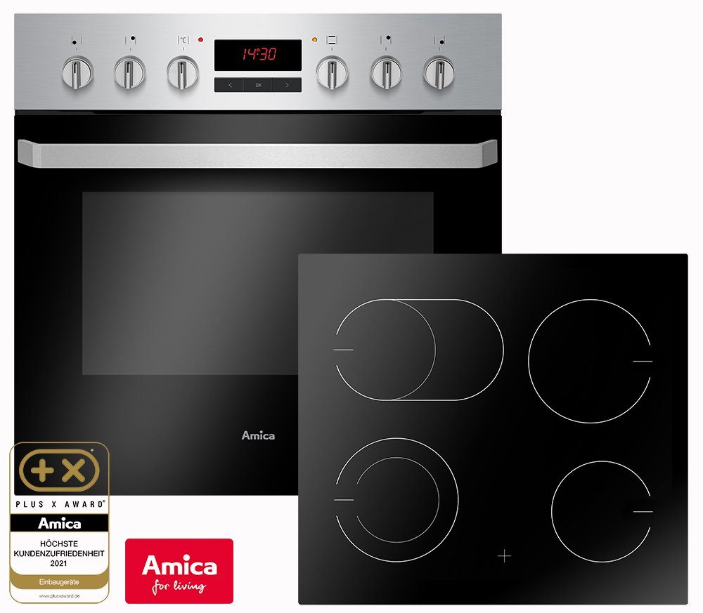 Amica Elektro-Herd-Set Fine Design Herd Set Backofen Glaskeramik Kochfeld Umluft Timer Bräterzone, Steam Clean Reinigung, Umluft Grill Kochfeld mit Bräter-+ Zweiskreis-Zone
