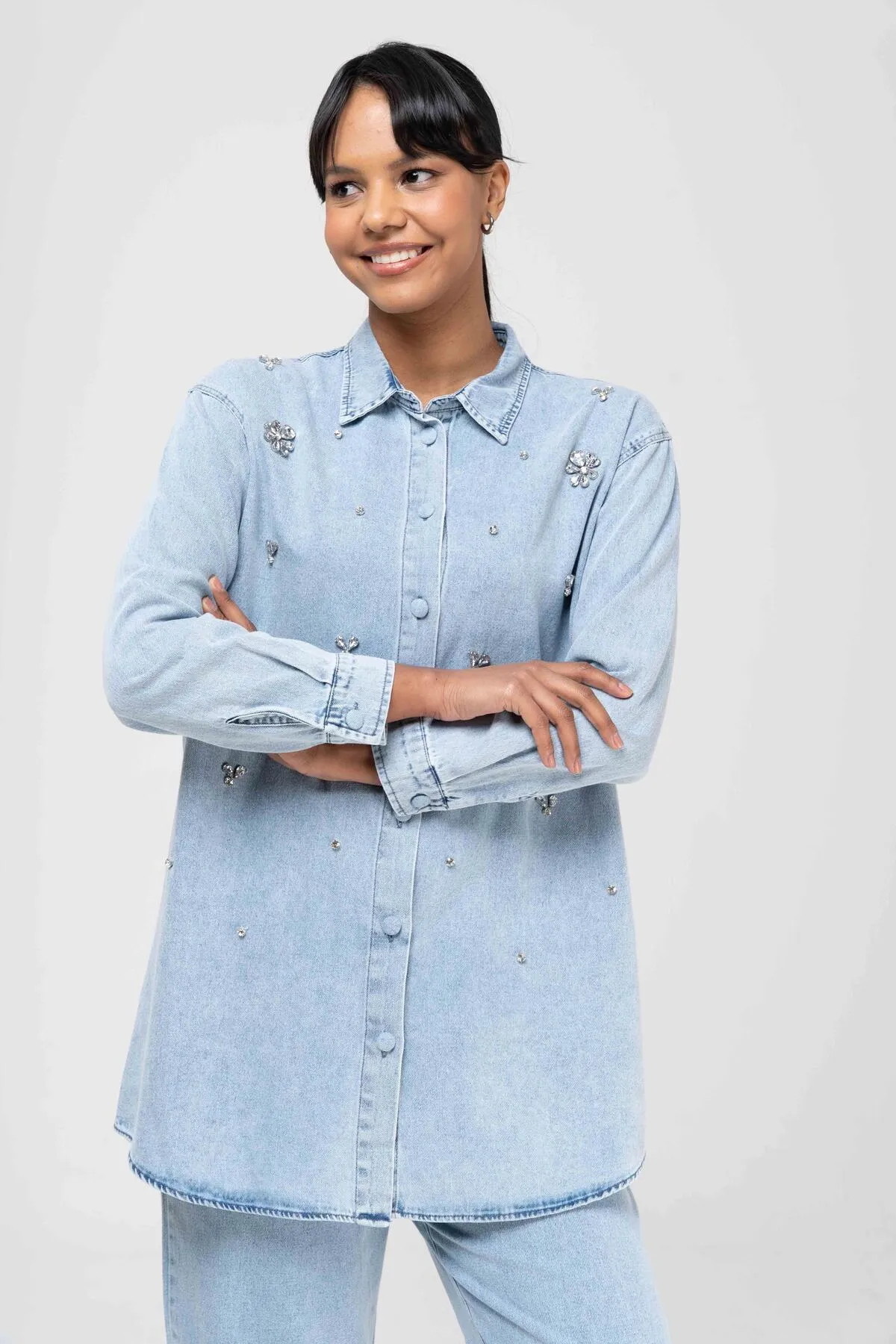 Olcay  Tuniği Jeansanzug mit Steinerbsen und Hose mit elastischer Taille BLAU 9225-TK