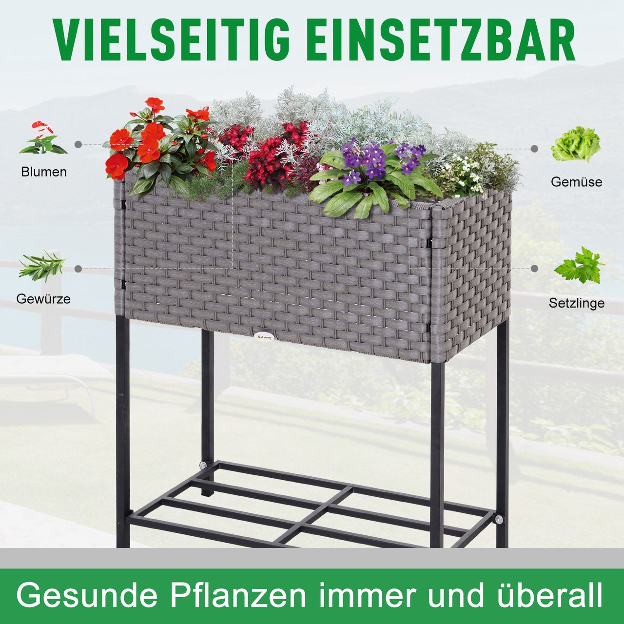 Outsunny Poly Rattan Hochbeet Blumentopf Blumenkasten mit Füßen mit Ablage