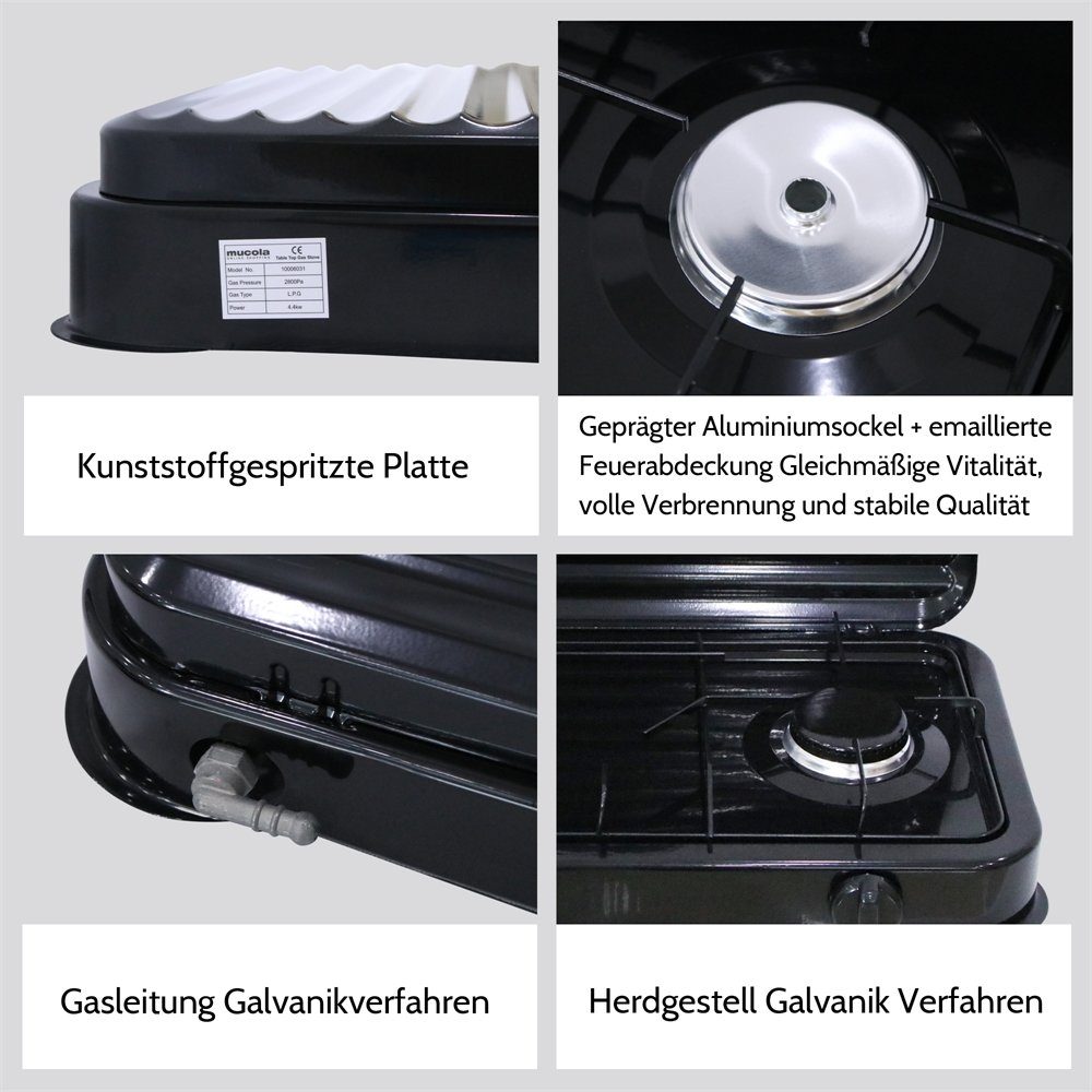 Mucola Gaskocher Campingkocher 4 flammig Gaskocher Camping Kochfeld Metall Gasbrenner, (1-St), Flamme stufenlos regulierbar durch Drehknopf