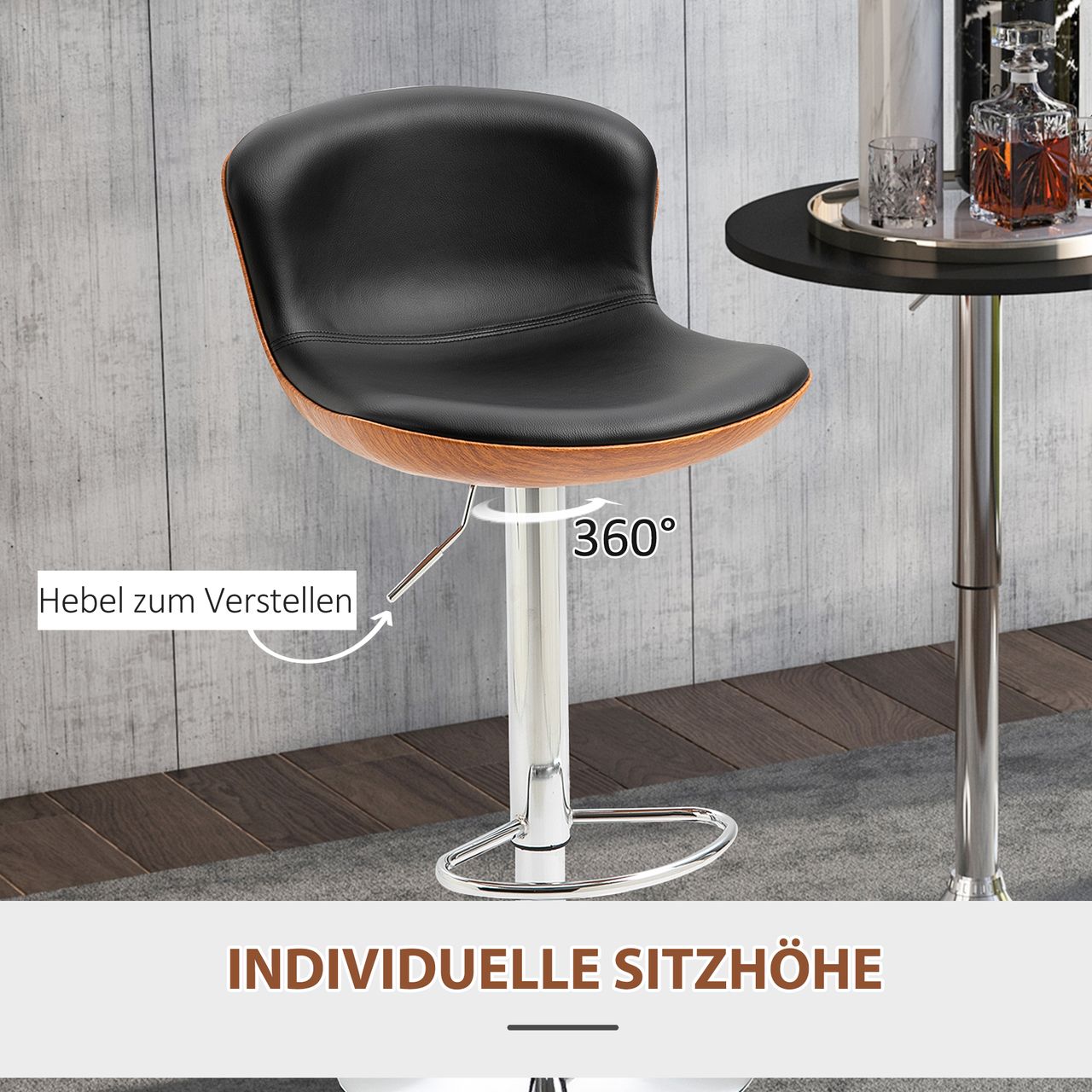 HOMCOM Barhocker mit Fußstütze, Barstuhl mit Rückenlehne, Bistrohocker, Esszimmerstuhl höhenverstellbar drehbar, PU, Schwarz, 2er-Set, 46 x 53,5 x 85-106 cm