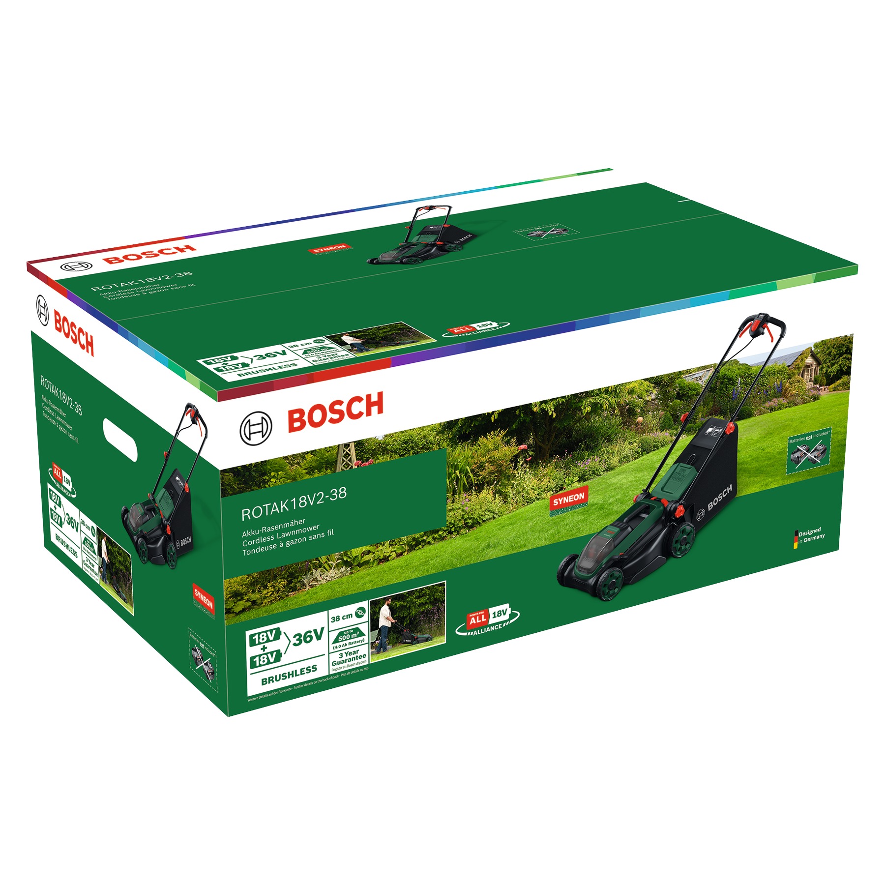 Bosch Green 06008B9M01 Rotak 18V2-38 Akku-Rasenmäher (ohne Akku und Ladegerät), 1x Mulchstecker im Karton