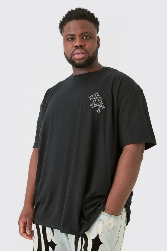 Plus schwarzes Oversize T-Shirt mit Kreuz-Stickerei