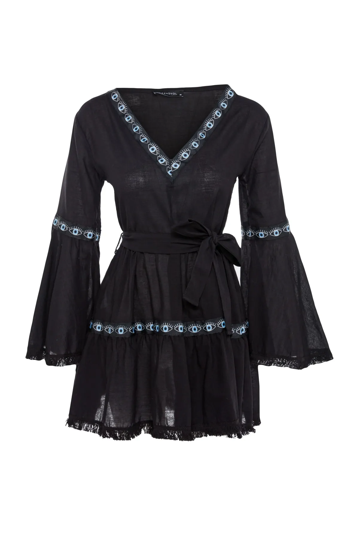 Trendyol Collection  Schwarzes Mini-Strandkleid aus 100 % Baumwolle mit gewebten Rüschen und Gürtel TBESS21EL1253