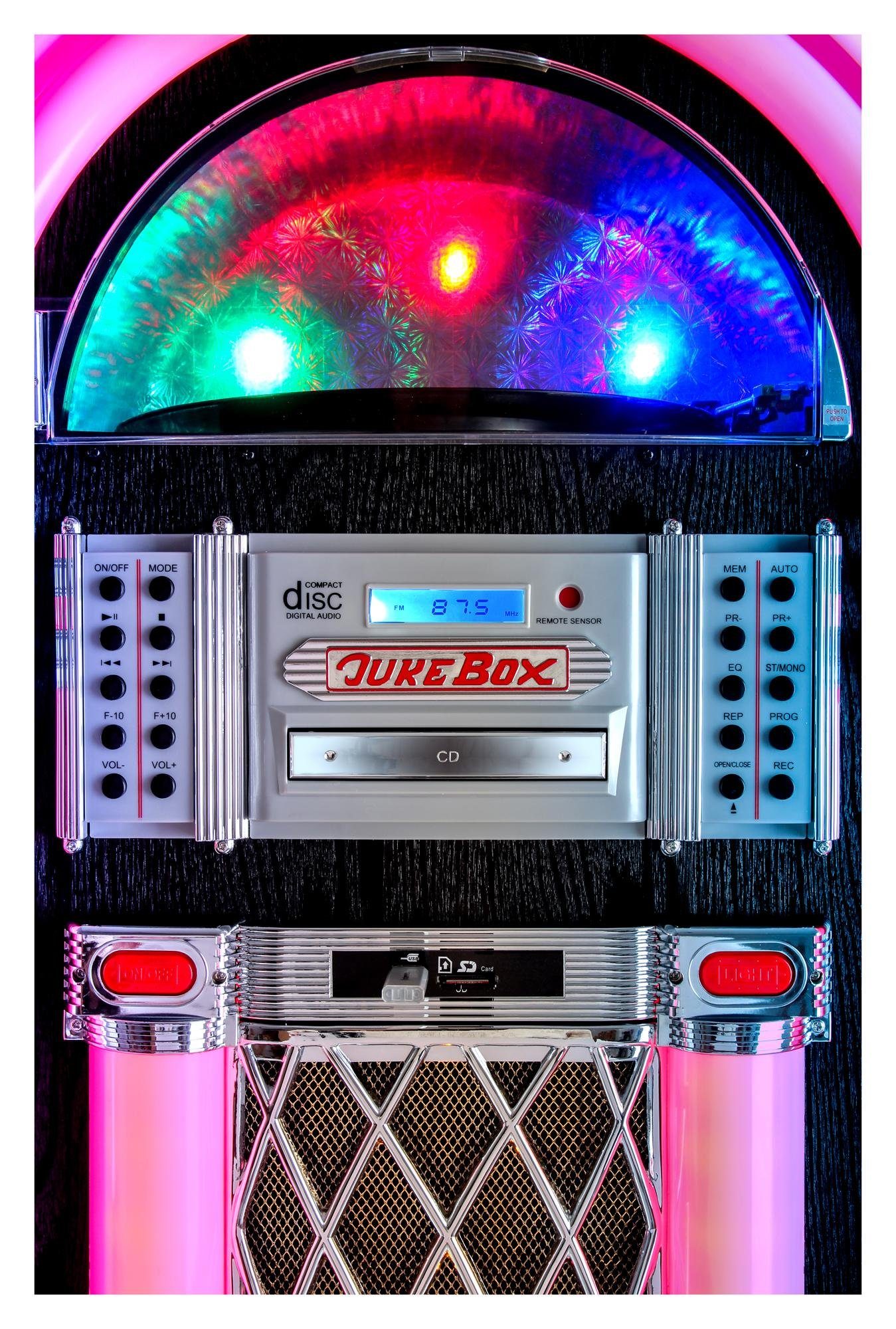 Beatfoxx GoldenAge XXL Jukebox mit Plattenspieler inkl. Untergestell Stereoanlage (UKW/MW-Radio, 60 W, Retro Musikbox mit LED-Beleuchtung, CD-Player, Bluetooth, USB-SD, AUX)