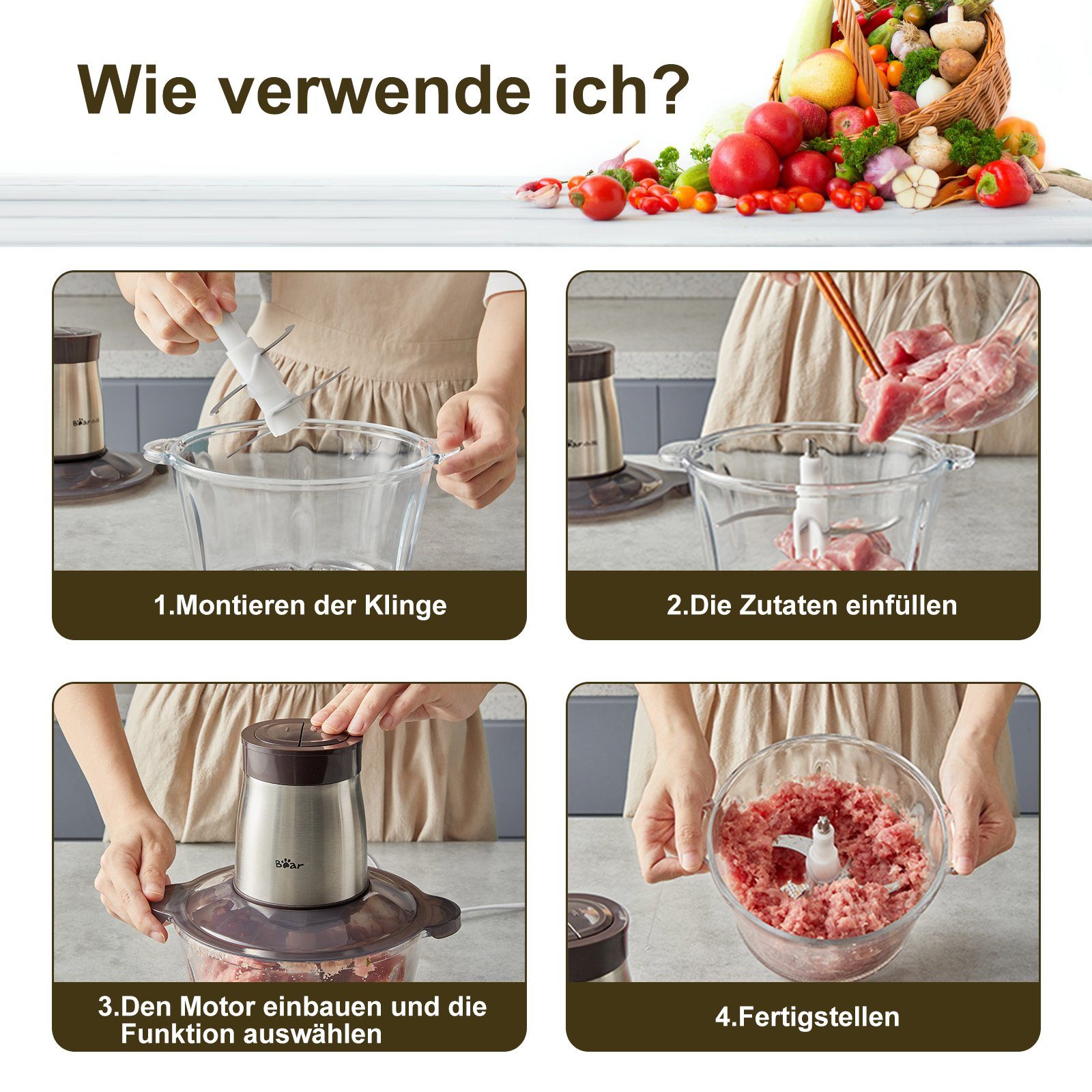 Bear Zerkleinerer elektrisch, 300,00 W, 2 L, 2600 r/min, 2 Geschwindigkeitsstufen