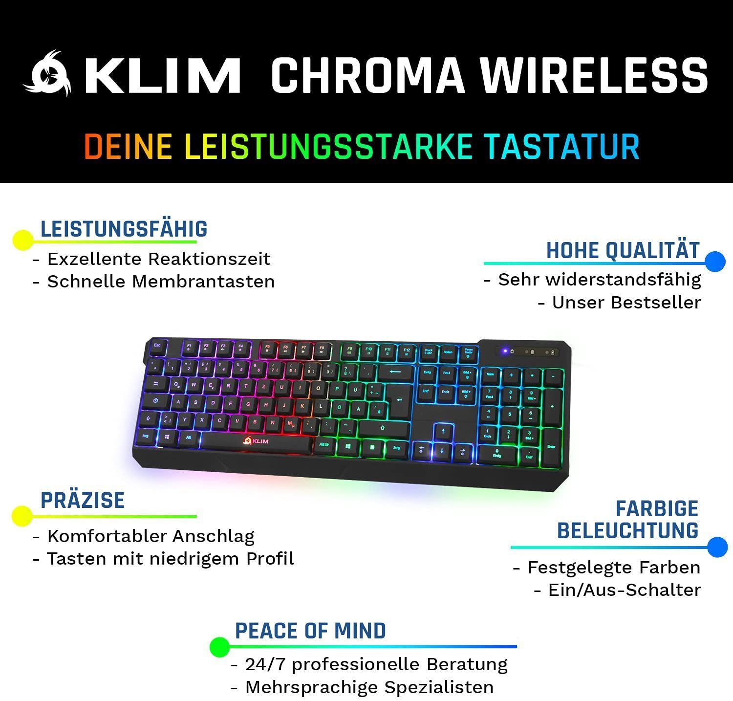 KLIM Chroma wireless Gaming, hintergrundbeleuchtete Tasten, Anti Ghosting Gaming-Tastatur (ergonomisches, wasserfestes und langlebiges Gaming Keyboard, Deutsche Tastenbelegung)