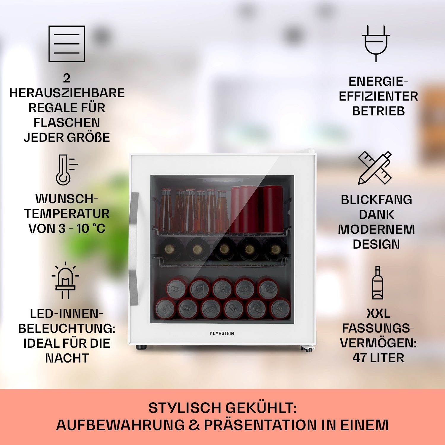 Klarstein Getränkekühlschrank HEA-BeersafeL-quartz 10039426, 50 cm hoch, 47.5 cm breit, Bierkühlschrank Getränkekühlschrank Flaschenkühlschrank mit Glastür