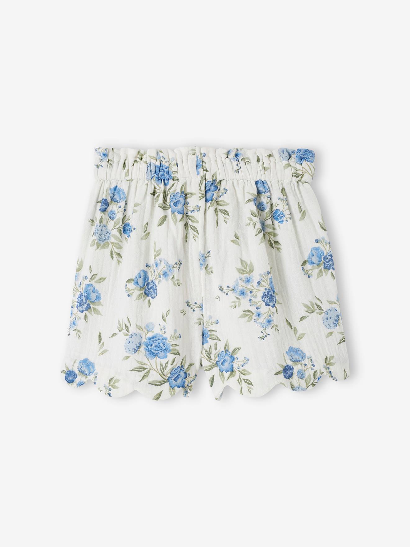 Vertbaudet Mädchen Shorts mit Bogenkante, Musselin - blau bedruckt