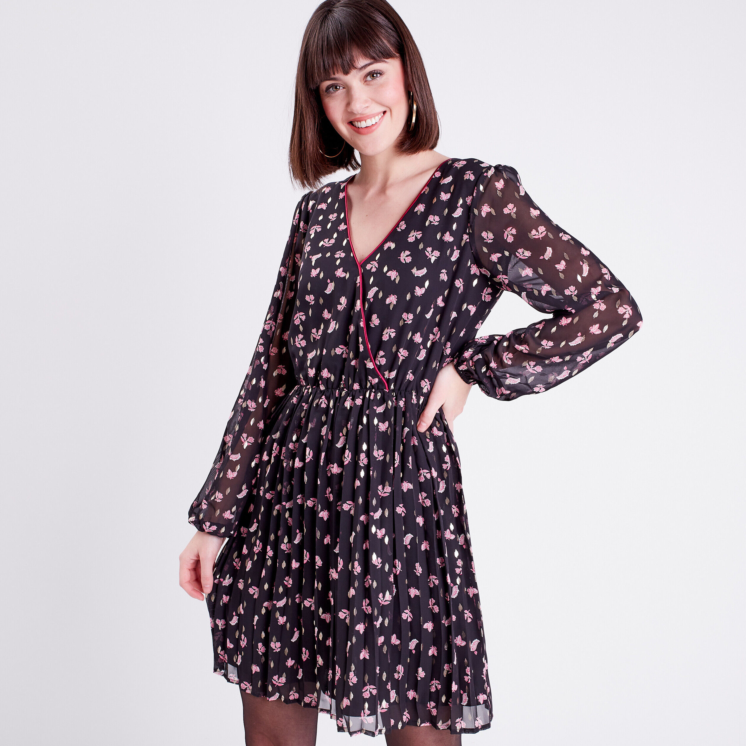 Robe évasée plissée noir femme | Cache Cache