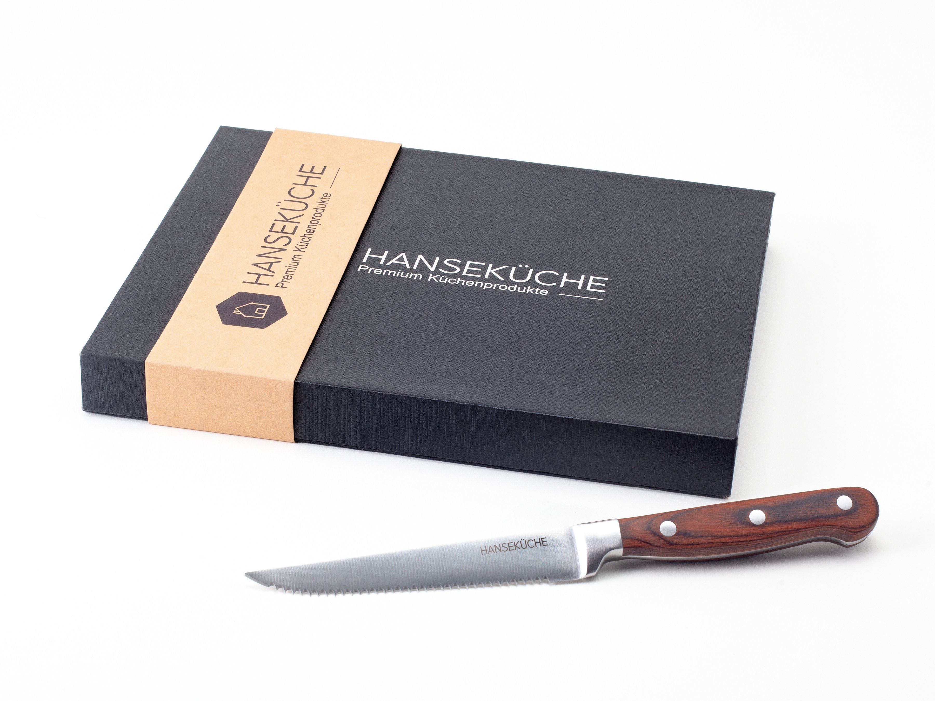 Hanseküche Steakmesser Steakmesser 6er Set – mit Holzgriff (Braun) (6 Stück), Modernes Design, Geschenkbox