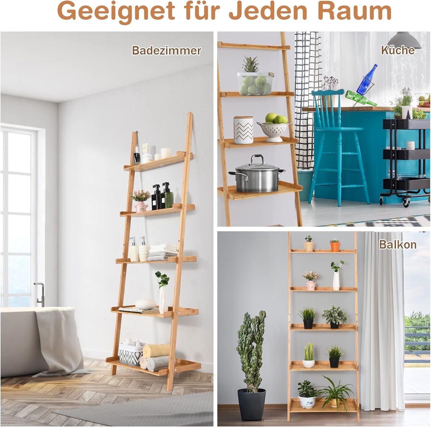 KOMFOTTEU Leiterregal Standregal, mit 5 Offenen Regalen, aus Bambus