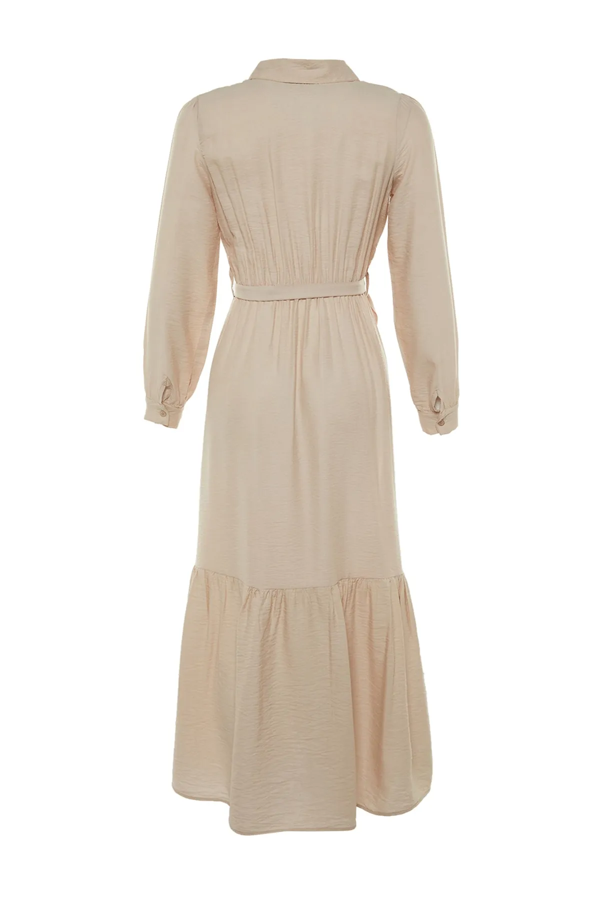Trendyol Modest  Beiges Hemdblusenkleid aus Webstoff mit Gürtel, Schulterdetail, Rock und Volant TCTSS21EL3887