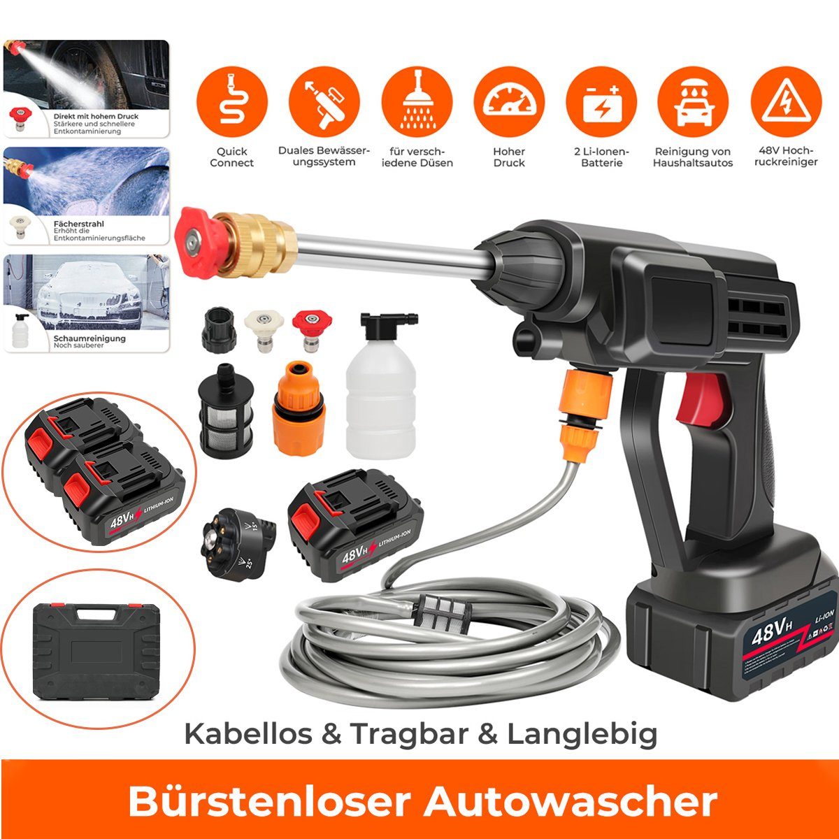 7Magic Akku-Hochdruckreiniger Hochdruckreiniger mit Zwei 48V 12Ah Akku, 300W Leistung, drei Düsen, Druck max: 35 bar, Fördermenge max: 300 l/h, Mit 5 Meter langem Wasserschlauch, Kunststoffbox und 6-in-1-Sprühkopf
