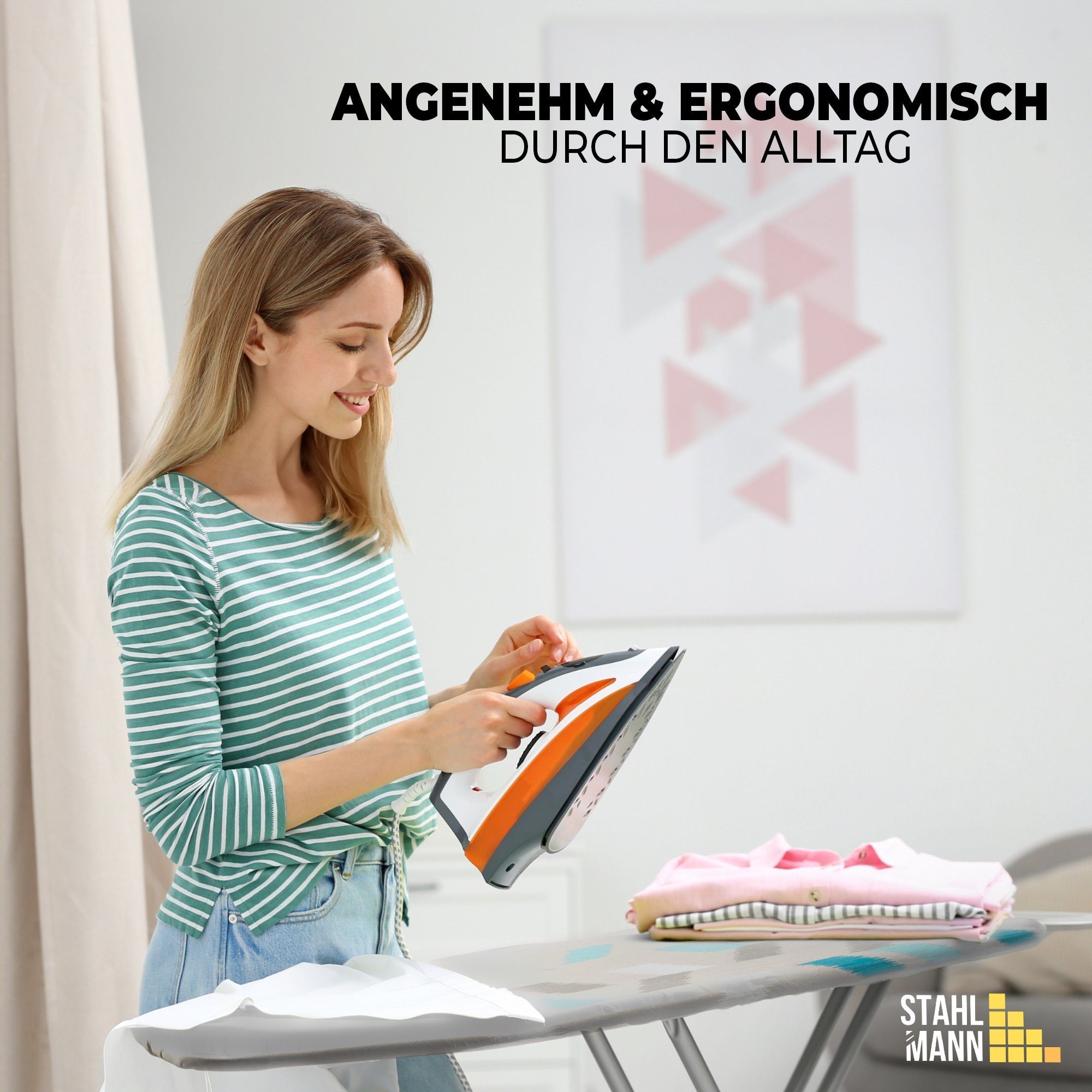 STAHLMANN COMMERCE GmbH Bügelbrett höhenverstellbares Bügelbrett mit rutschfesten Füßen, Bügelfläche 30,00x105,00 cm, robuster Bügeltisch inkl. Bügelbrettbezug