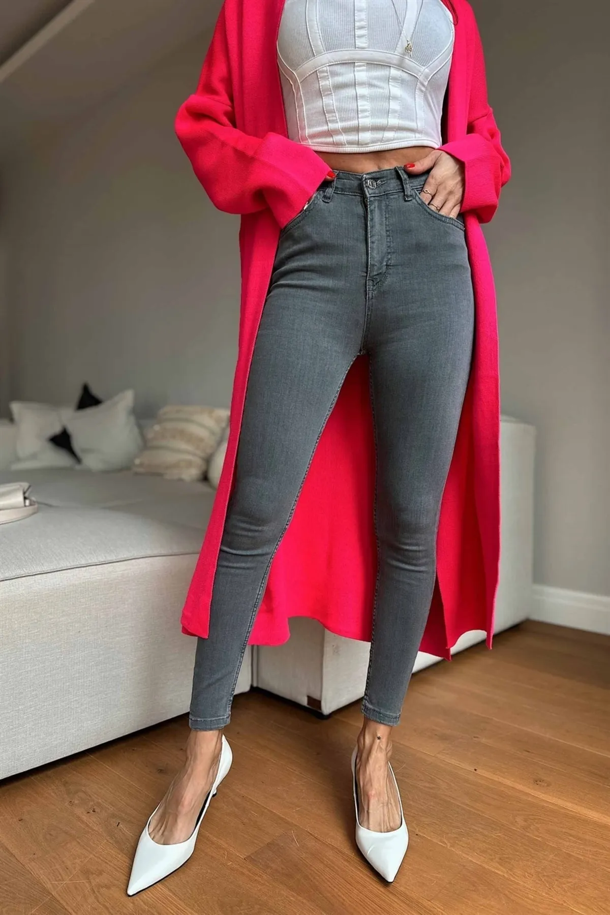 Ramrod  Zeynep Skinny Jeans Graue, lockere Lycra-Jeans mit hoher Taille