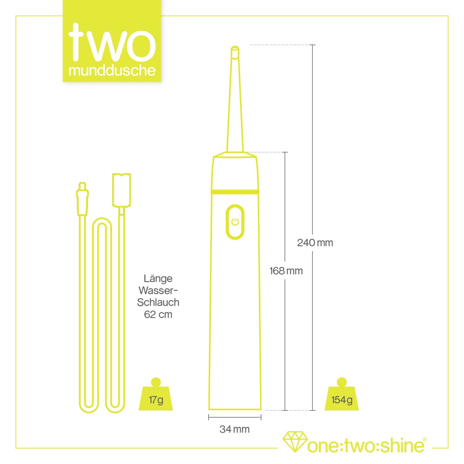 one:two:shine Reise-Munddusche TWO, klein, leicht, kabellos & elektrisch für Urlaub & Reise, mit, Aufsätze: 3 St., zur effektiven Zahnzwischenraumreinigung