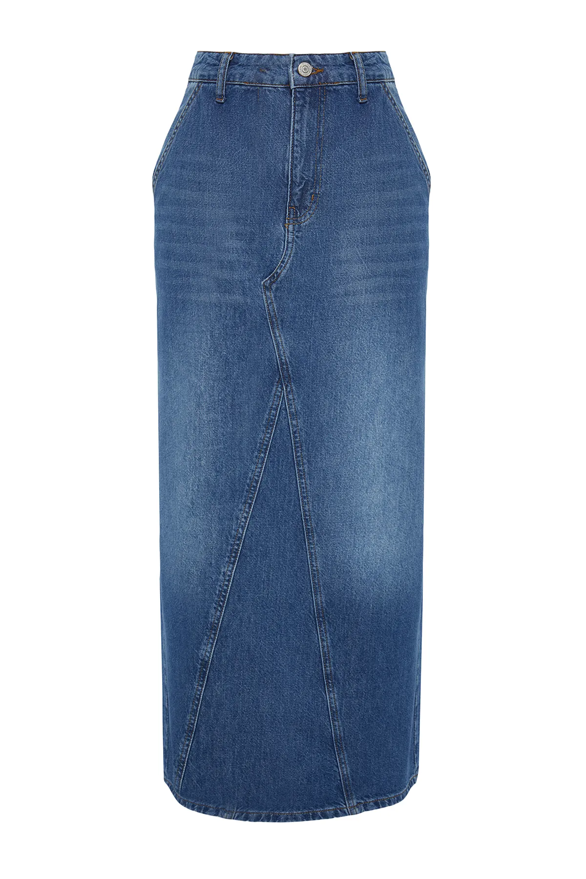 Trendyol Collection  Blauer Maxi-Jeansrock mit hoher Taille und detaillierten Nähten TWOSS24ET00009