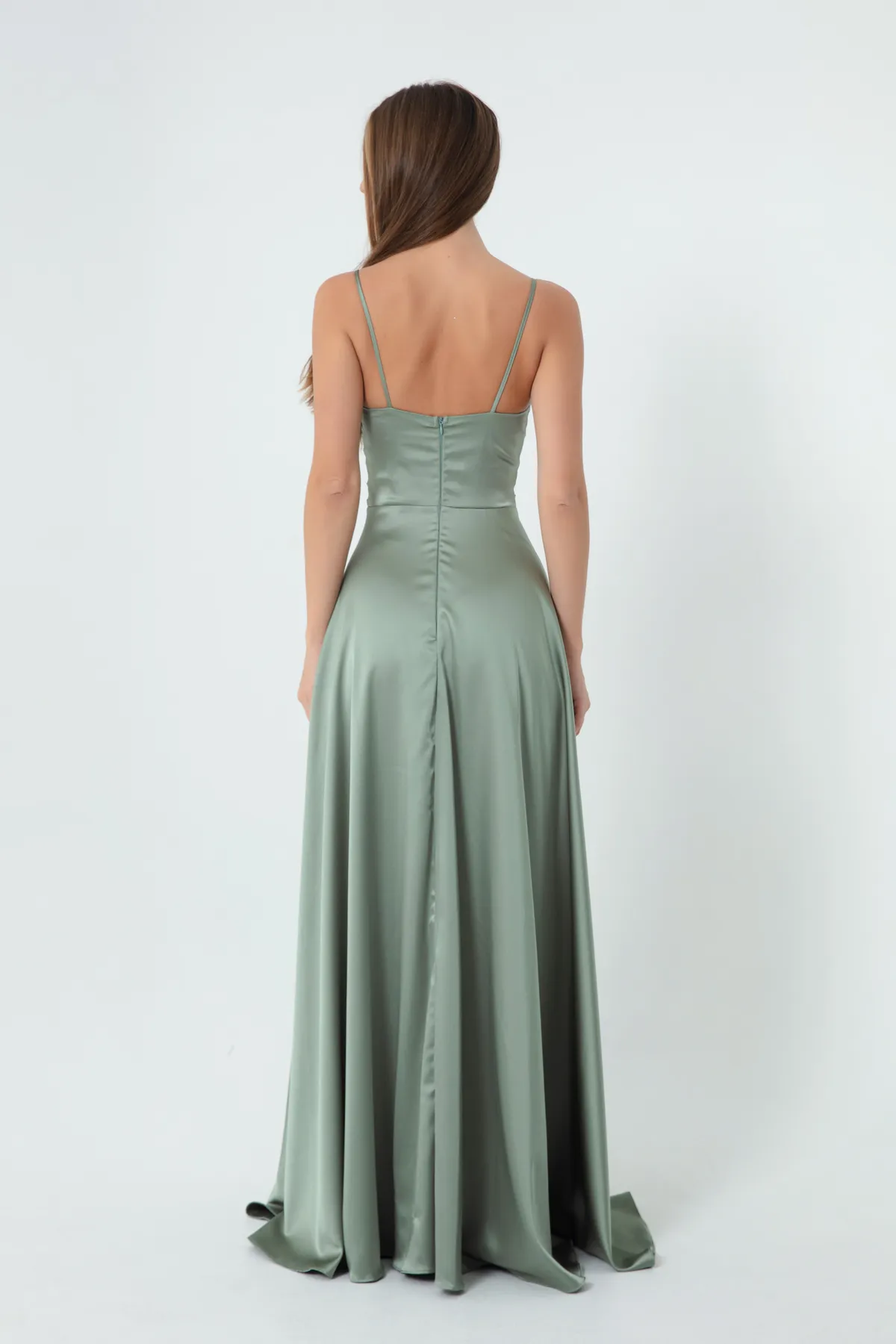 Lafaba  Mintgrünes langes Abendkleid und Abschlusskleid aus Satin mit Seilriemen und Taillengürtel für Damen